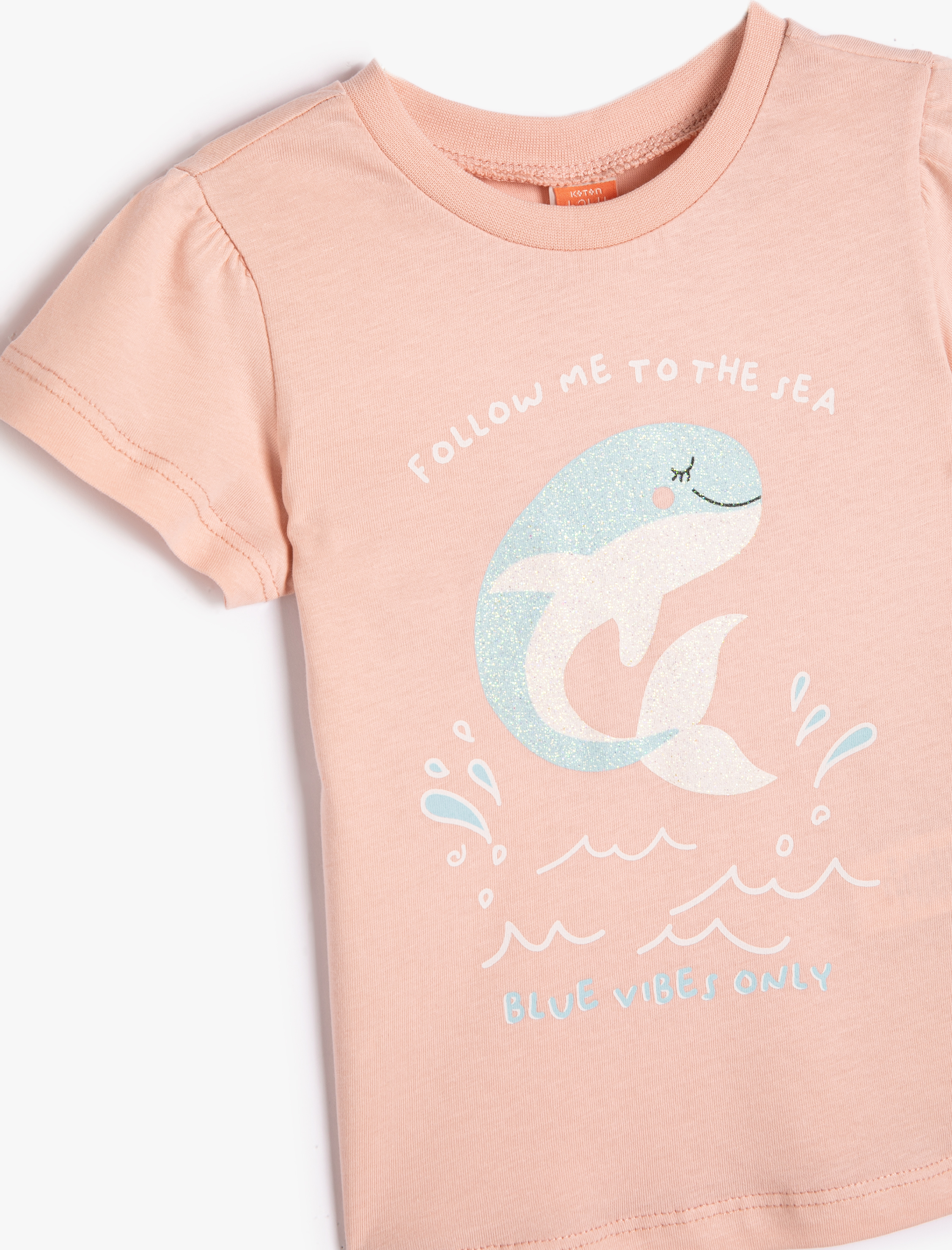  Kız Bebek Tişört Kısa Kollu Bisiklet Yaka Balina Baskılı Simli Pamuklu