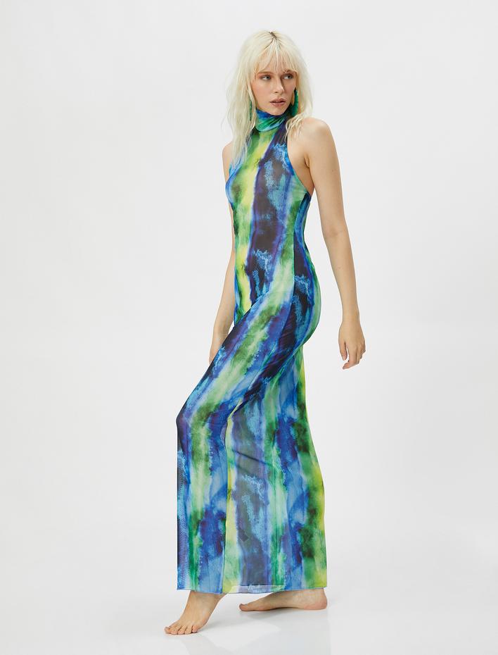  Şifon Plaj Elbisesi Halter Yaka Batik Desenli