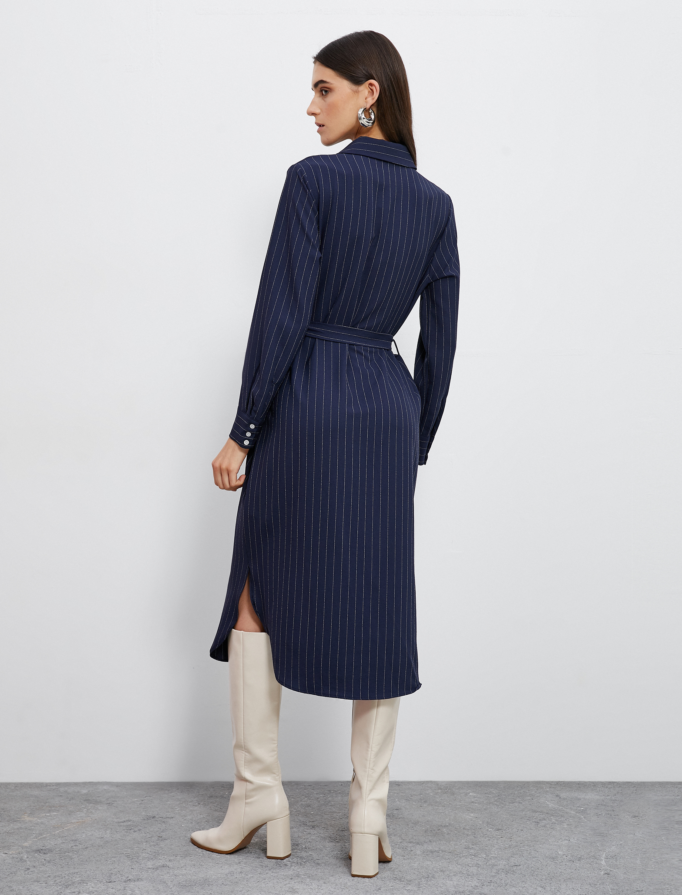   Midi Gömlek Elbise Düğmeli Uzun Kollu Kuşaklı