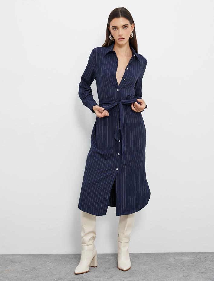  Midi Gömlek Elbise Düğmeli Uzun Kollu Kuşaklı