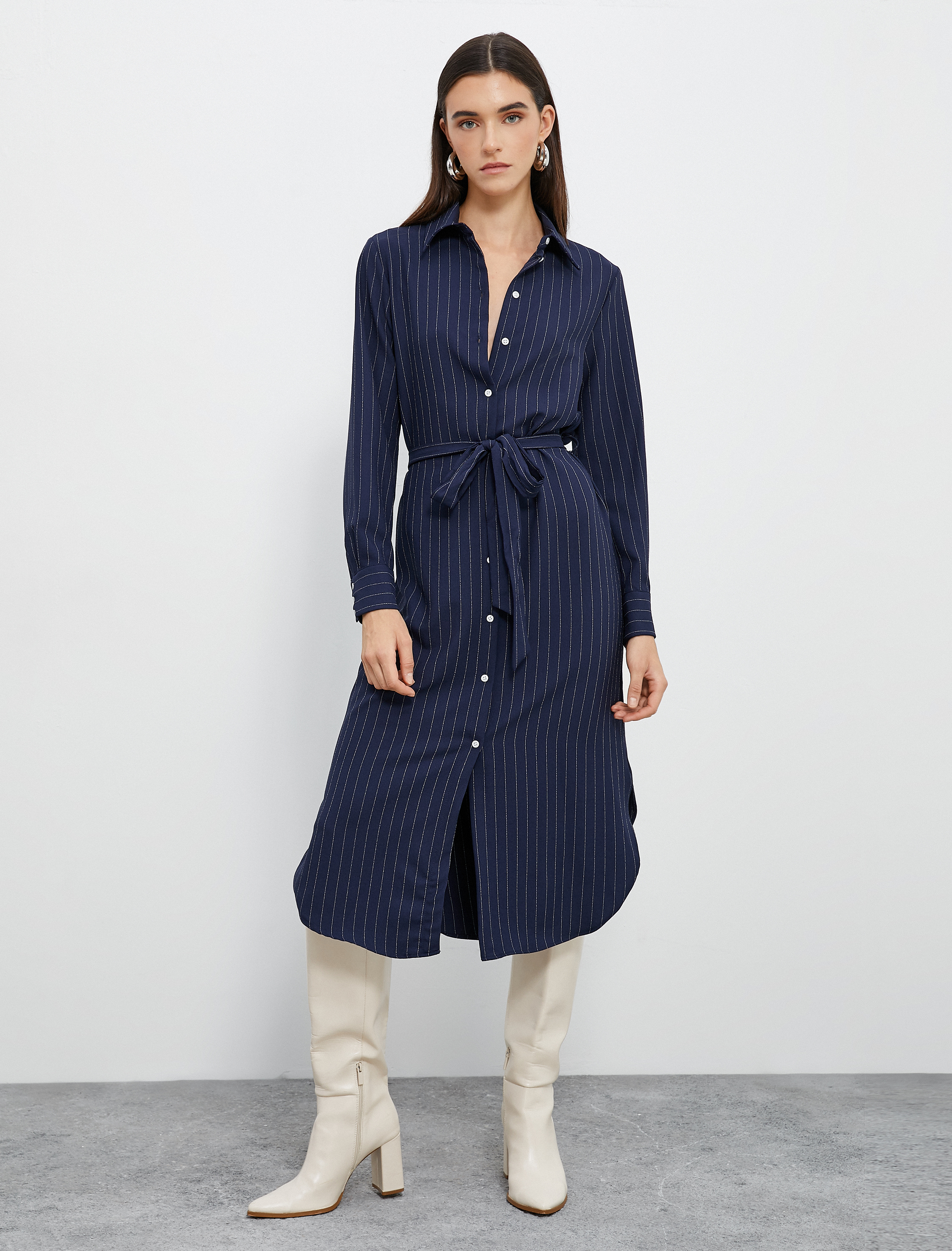   Midi Gömlek Elbise Düğmeli Uzun Kollu Kuşaklı