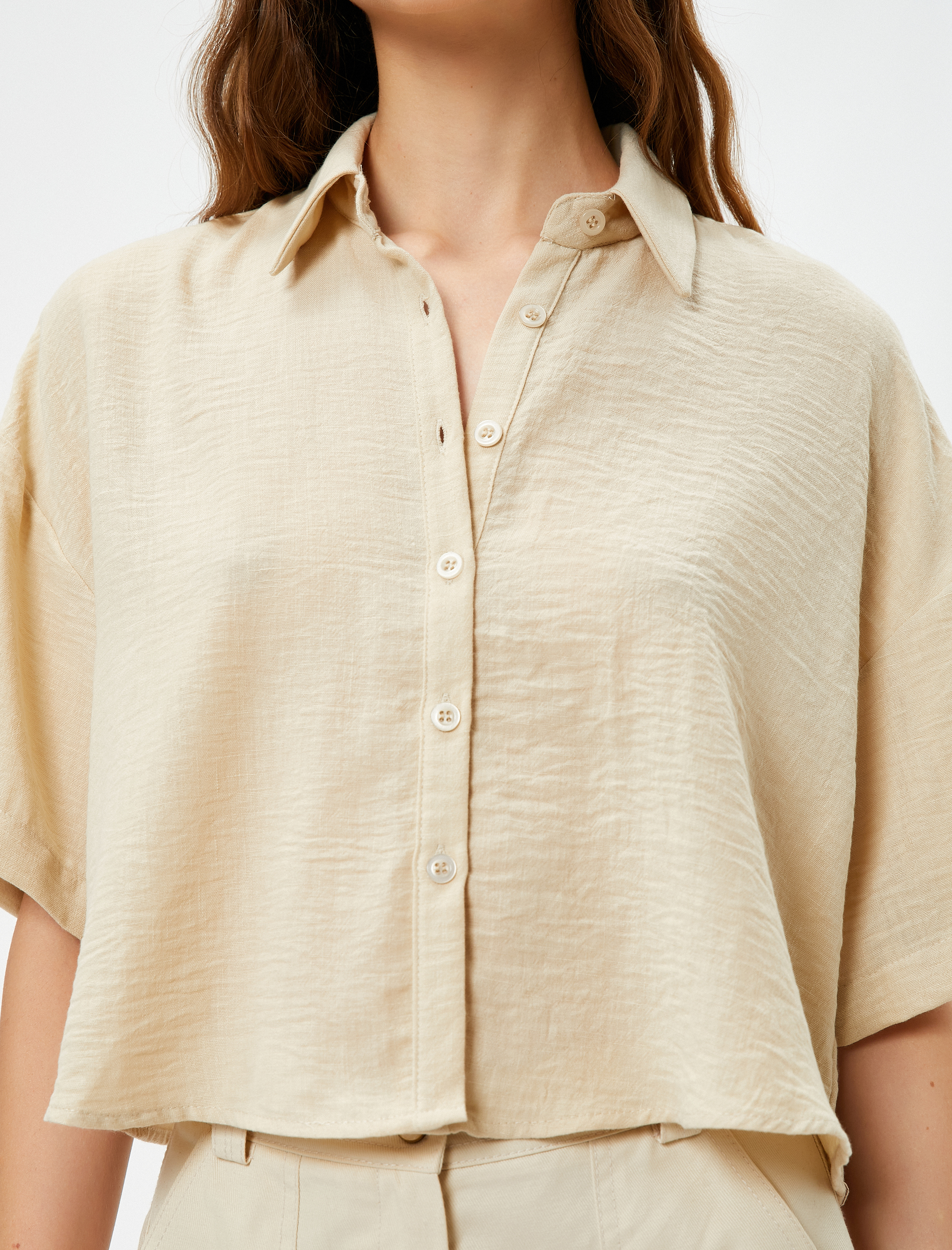   Crop Kısa Kollu Gömlek Düğmeli Rahat Kesim