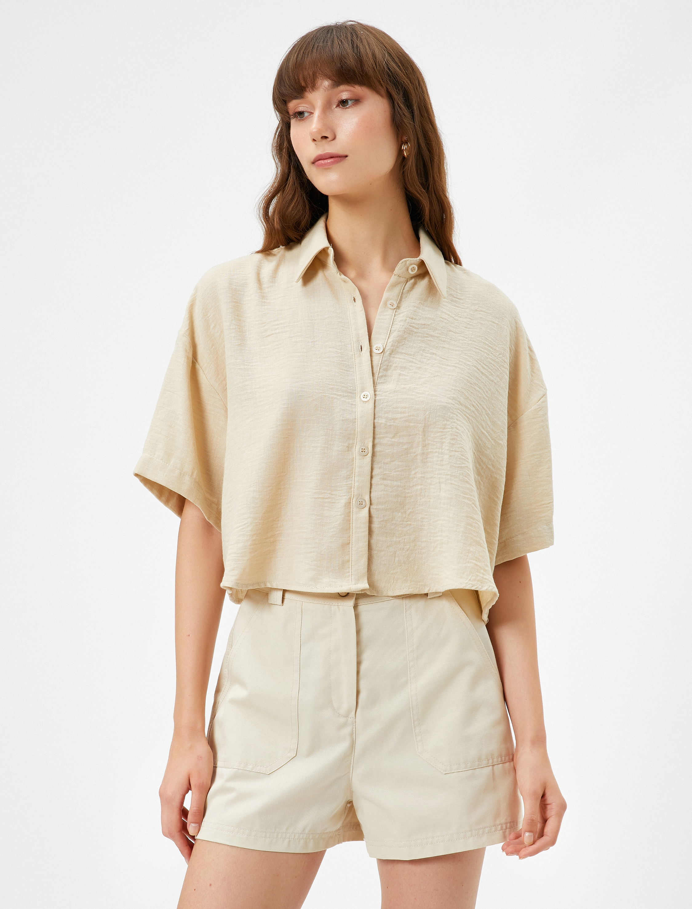   Crop Kısa Kollu Gömlek Düğmeli Rahat Kesim