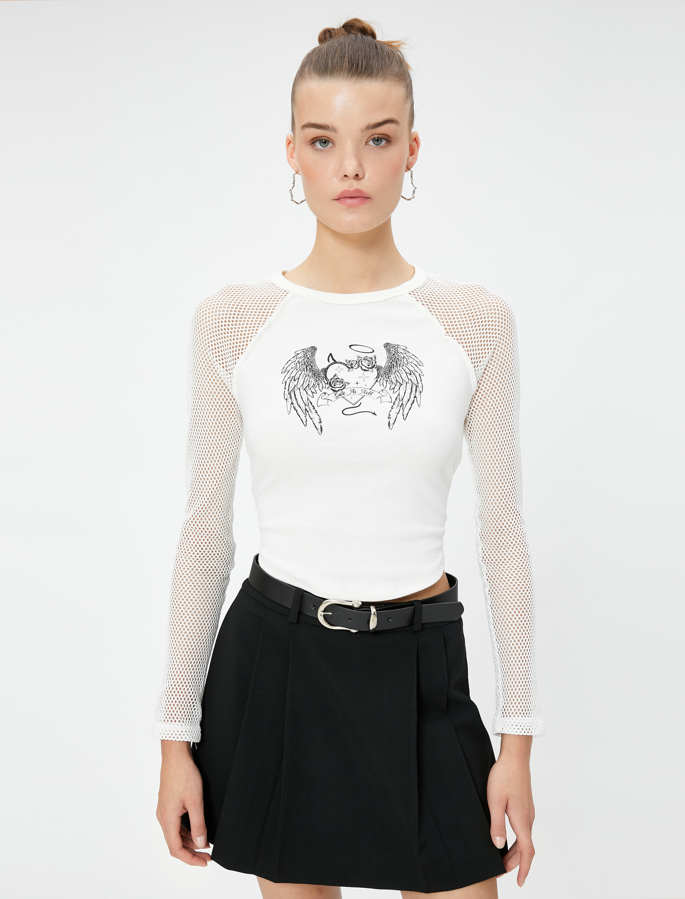   Uzun Kollu Tişört File Detaylı Baskılı Slim Fit Bisiklet Yaka