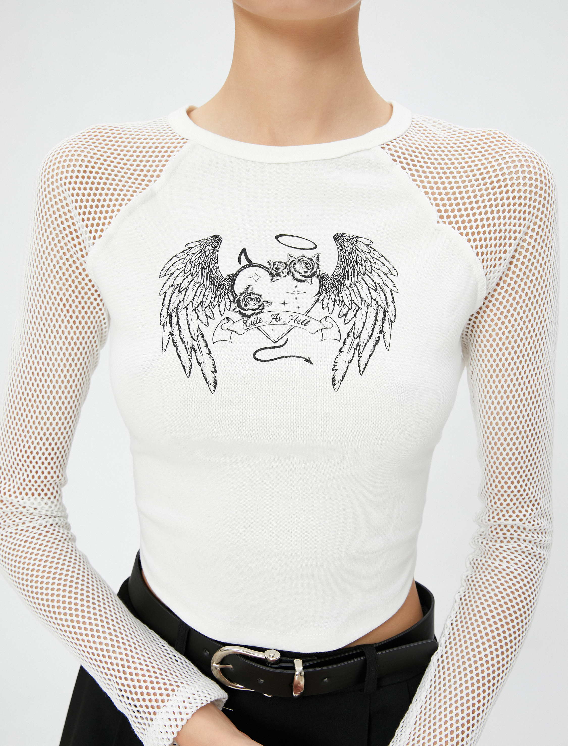   Uzun Kollu Tişört File Detaylı Baskılı Slim Fit Bisiklet Yaka