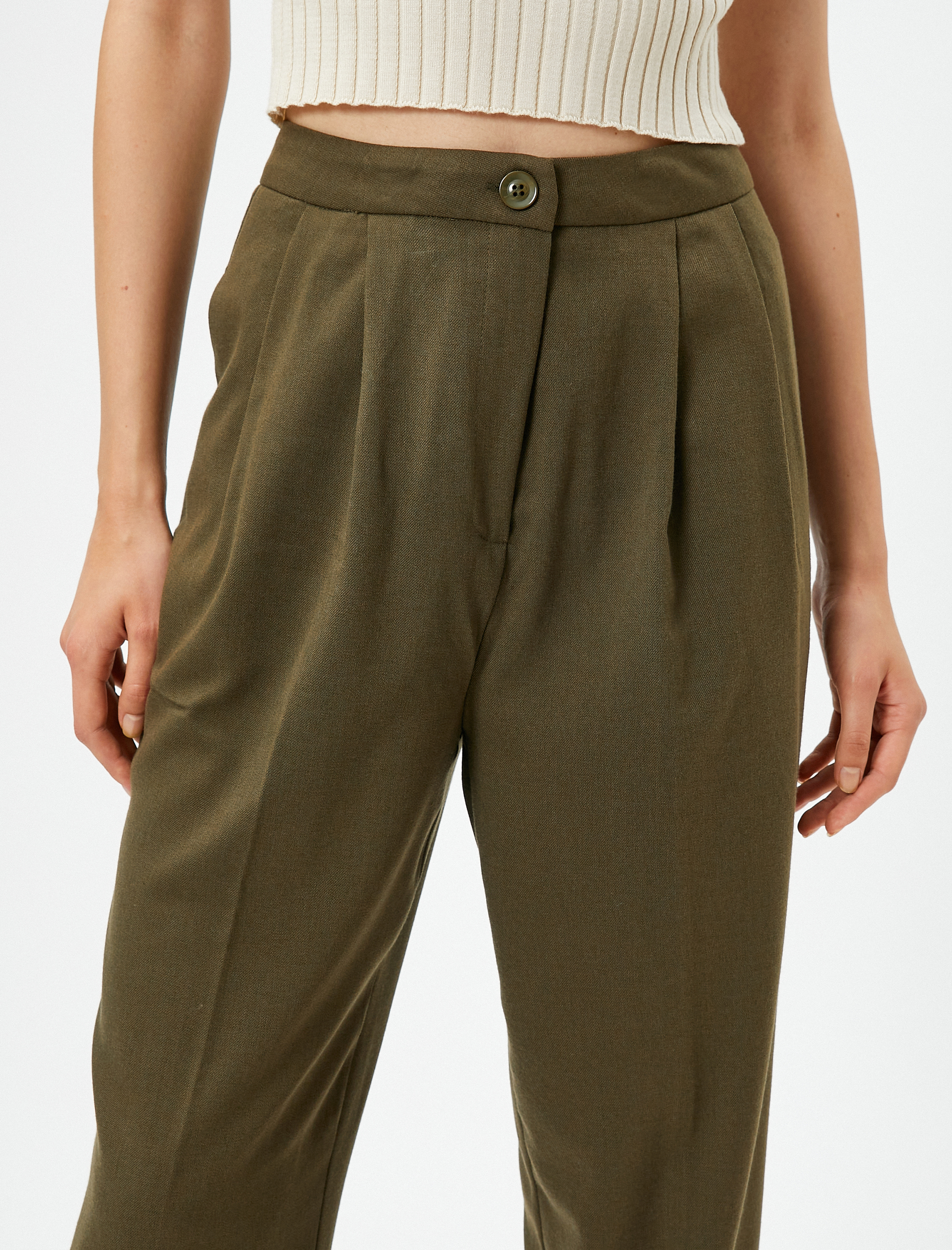   Düz Paça Pantolon Pileli Cep Detaylı Düğmeli