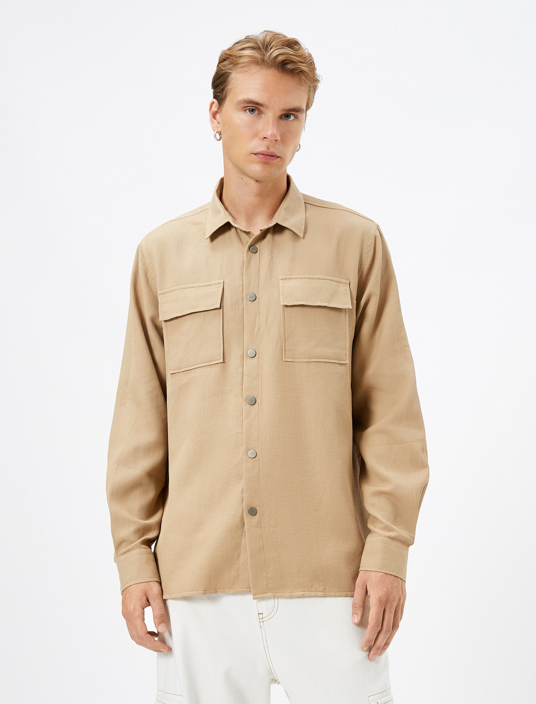   Spor Gömlek Cep Detaylı Çıtçıt Düğmeli Klasik Yaka Uzun Kollu