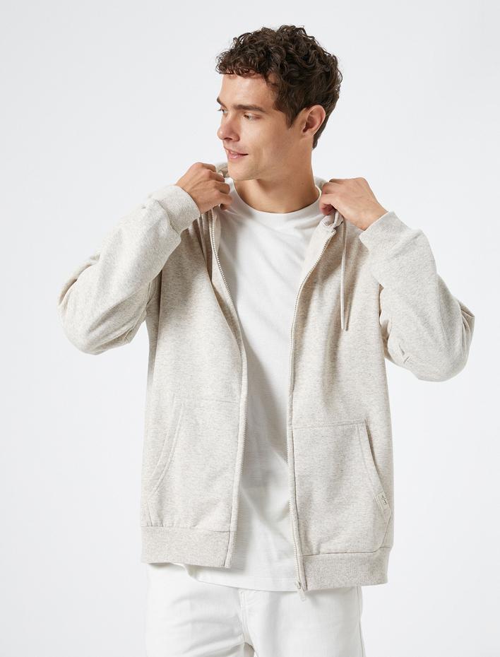  Oversize Fermuarlı Sweatshirt Kapşonlu Cep Detaylı Etiket Baskılı Şardonlu