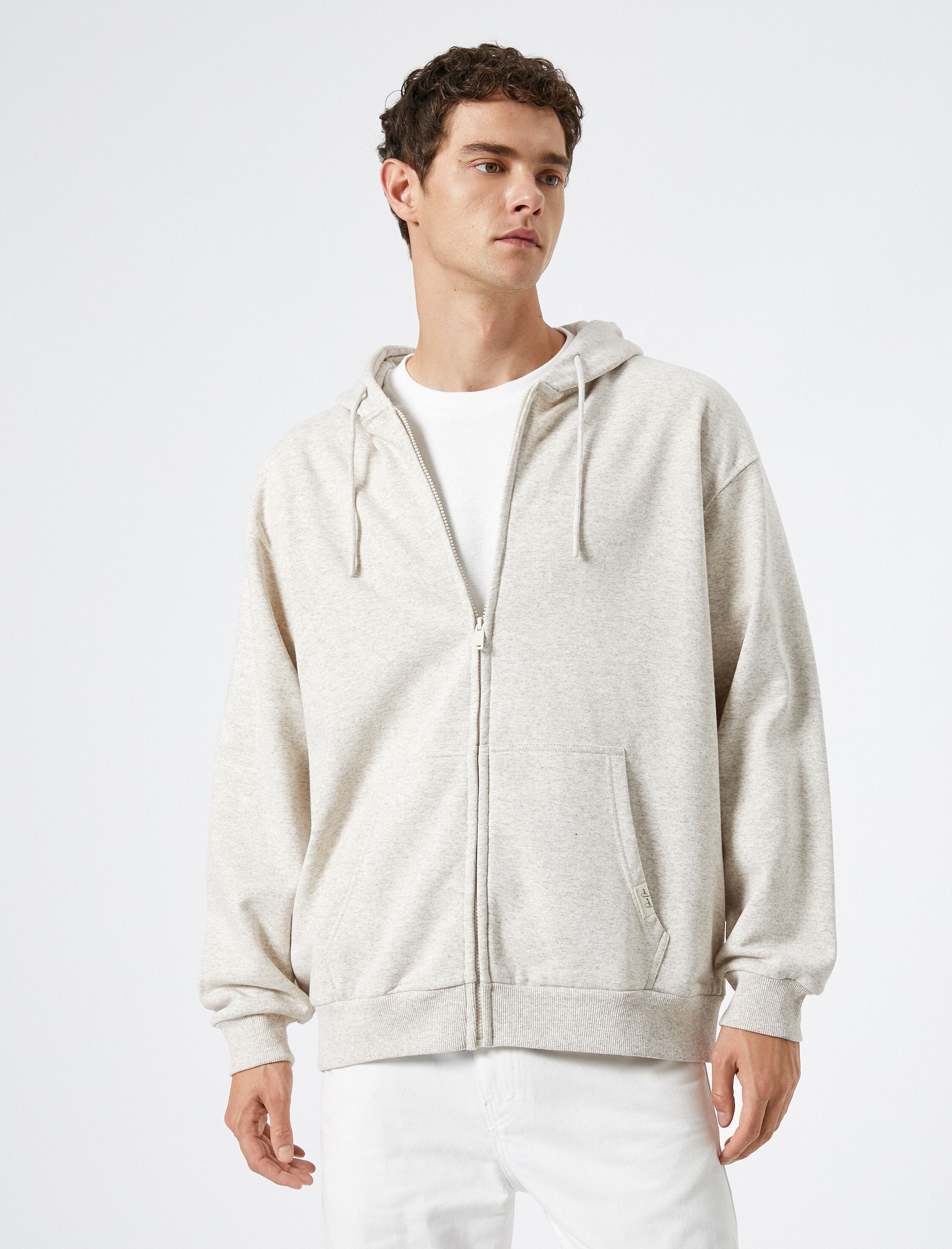 Oversize Fermuarlı Sweatshirt Kapşonlu Cep Detaylı Etiket Baskılı Şardonlu