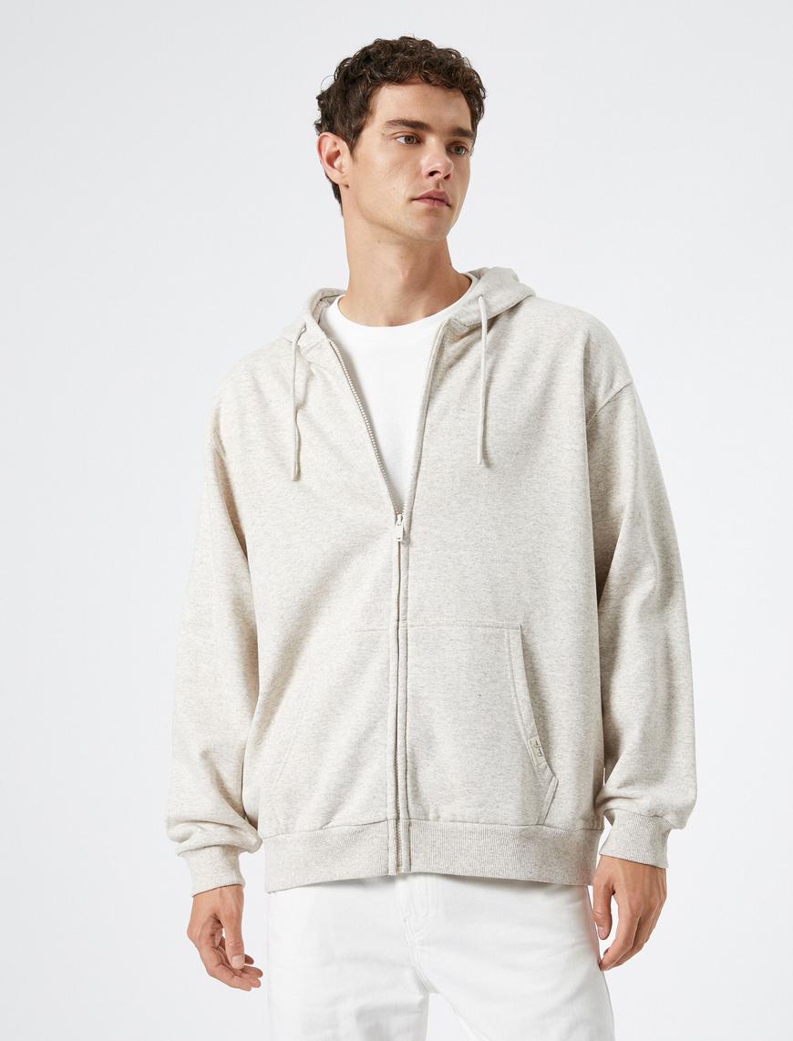   Oversize Fermuarlı Sweatshirt Kapşonlu Cep Detaylı Etiket Baskılı Şardonlu