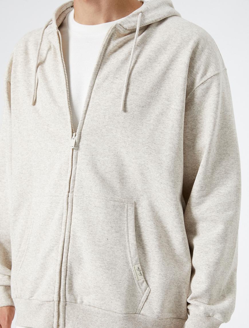   Oversize Fermuarlı Sweatshirt Kapşonlu Cep Detaylı Etiket Baskılı Şardonlu