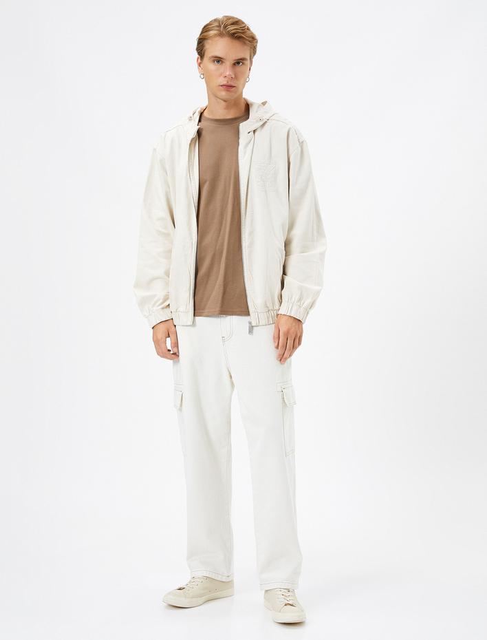  Kot Ceket Kolej İşlemeli Kapşonlu Fermuarlı Cepli Rahat Kesim