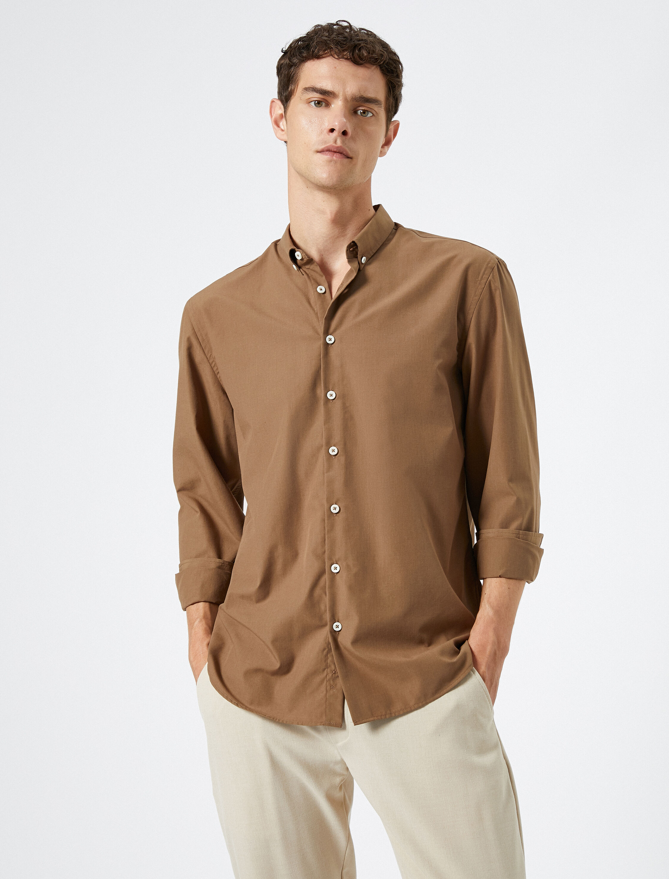   Klasik Yaka Gömlek Düğmeli Uzun Kollu