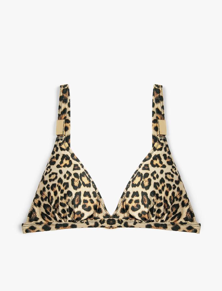  Üçgen Bikini Üstü Leopar Desenli Metal Aksesuarlı Kaplı