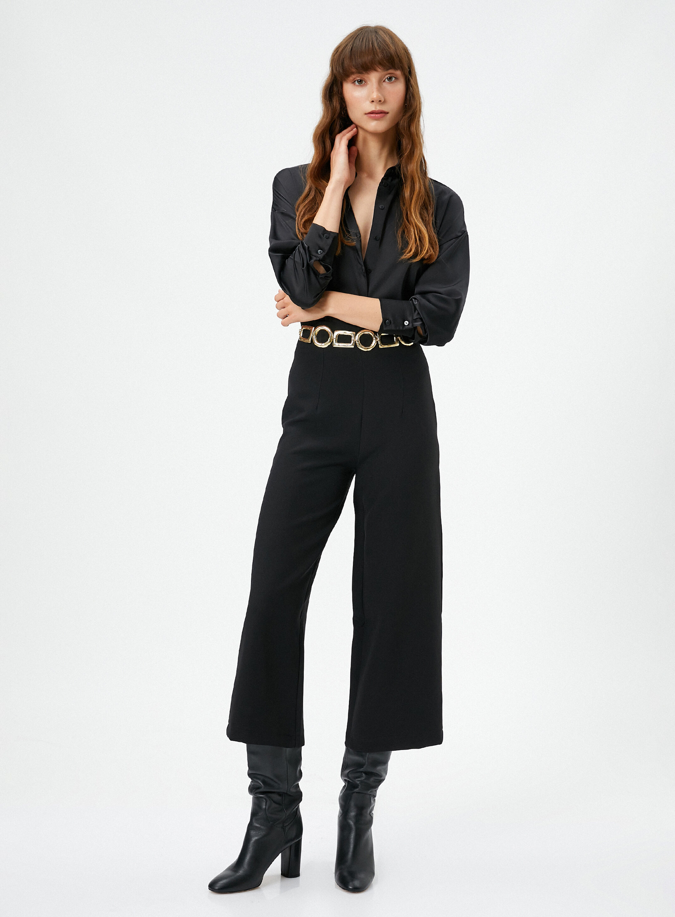   Kumaş Pantolon Geniş Crop Paça Yüksek Bel Fermuarlı