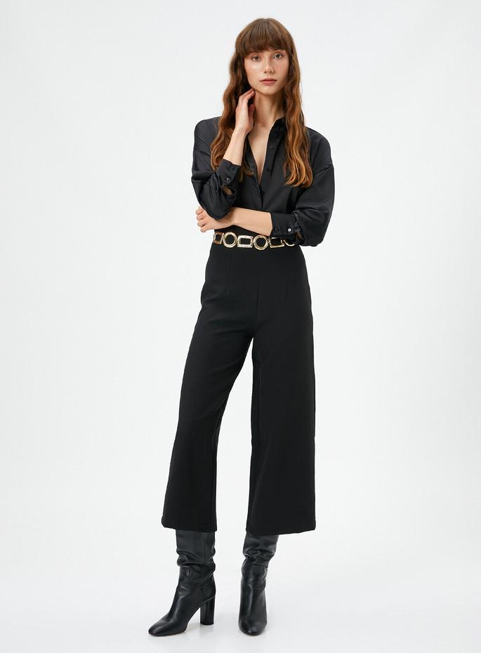  Kumaş Pantolon Geniş Crop Paça Yüksek Bel Fermuarlı