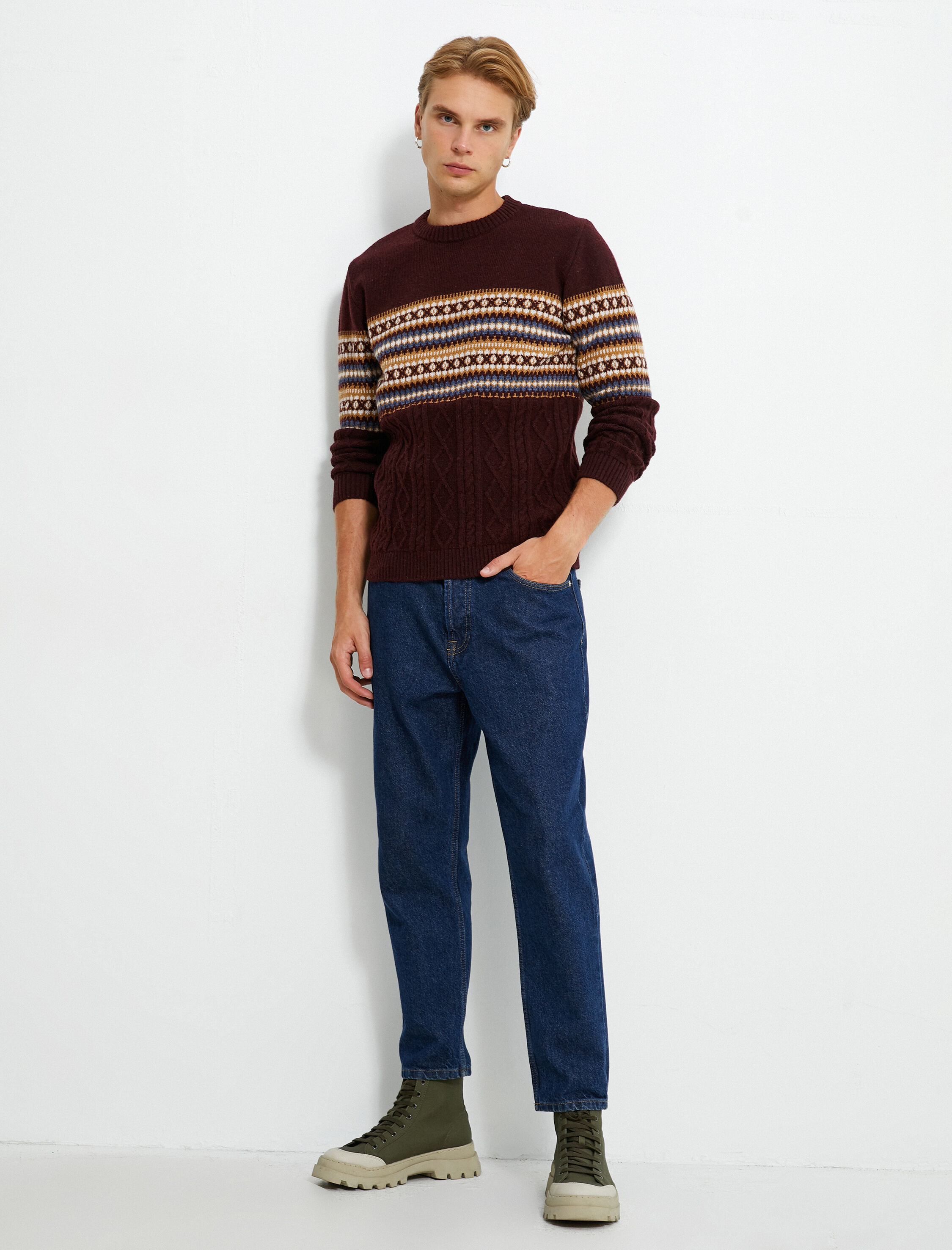   Bisiklet Yaka Kazak Etnik Desenli Dokulu Uzun Kollu