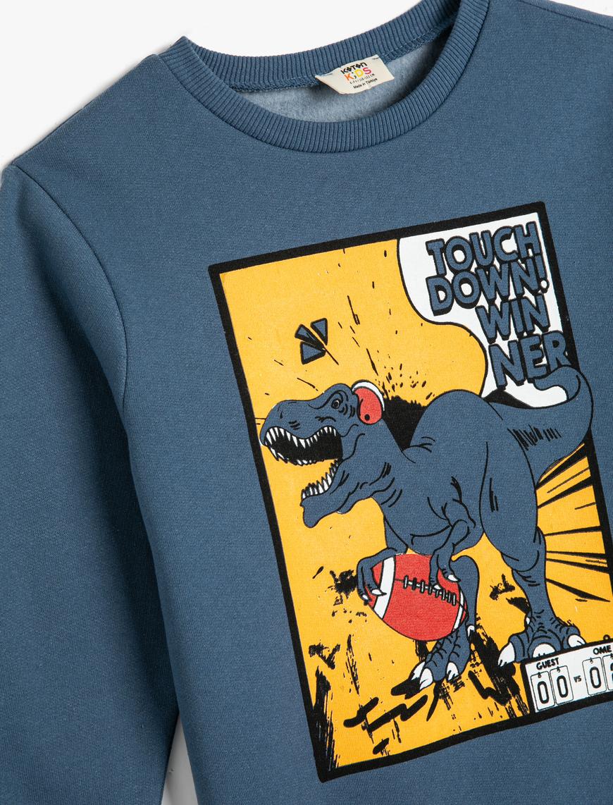  Erkek Çocuk Dinozorlu Sweatshirt Şardonlu Bisiklet Yaka Uzun Kollu Pamuklu