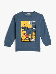 Dinozorlu Sweatshirt Şardonlu Bisiklet Yaka Uzun Kollu Pamuklu