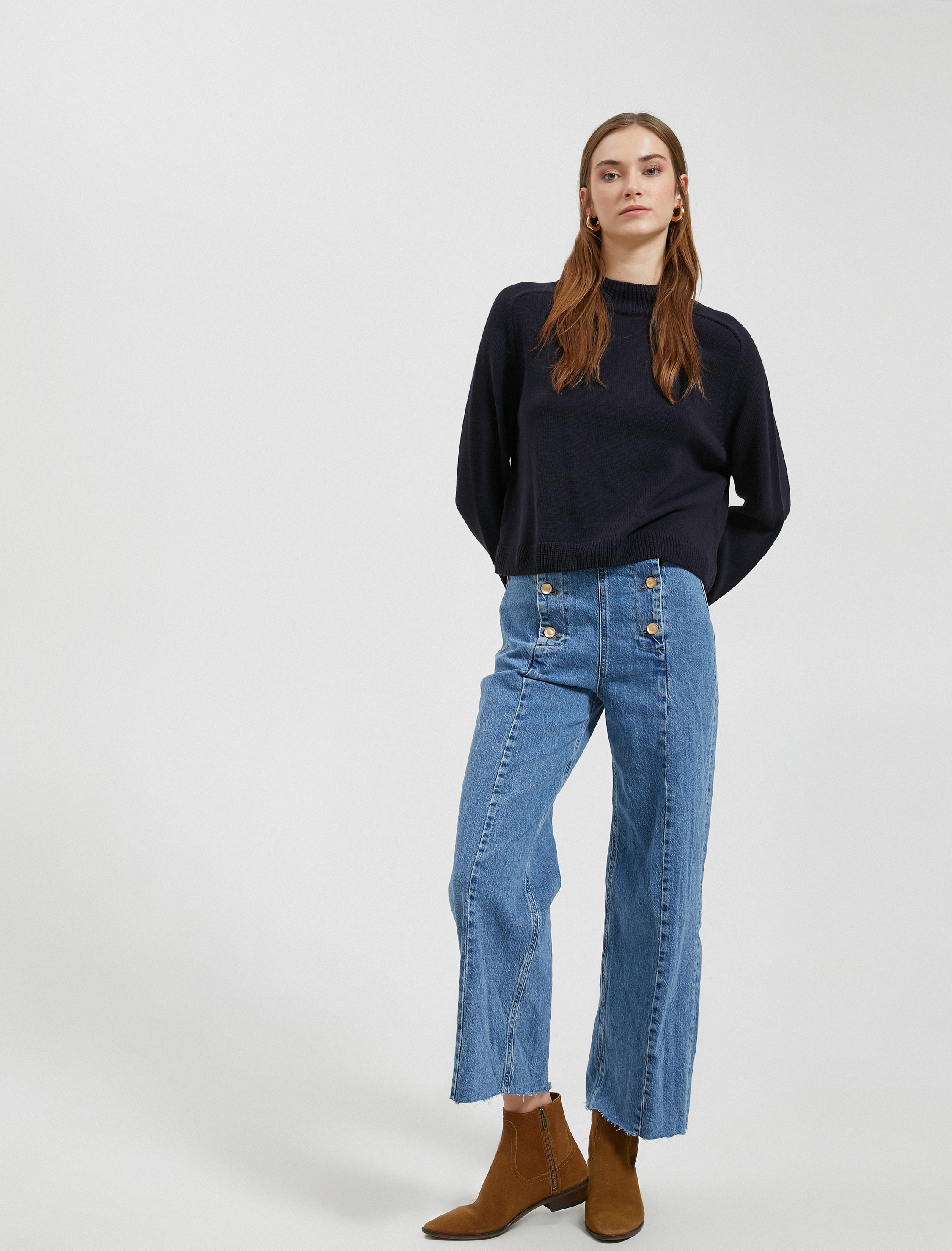   Crop Triko Kazak Dik Yaka Uzun Kollu Kaşmir Dokulu