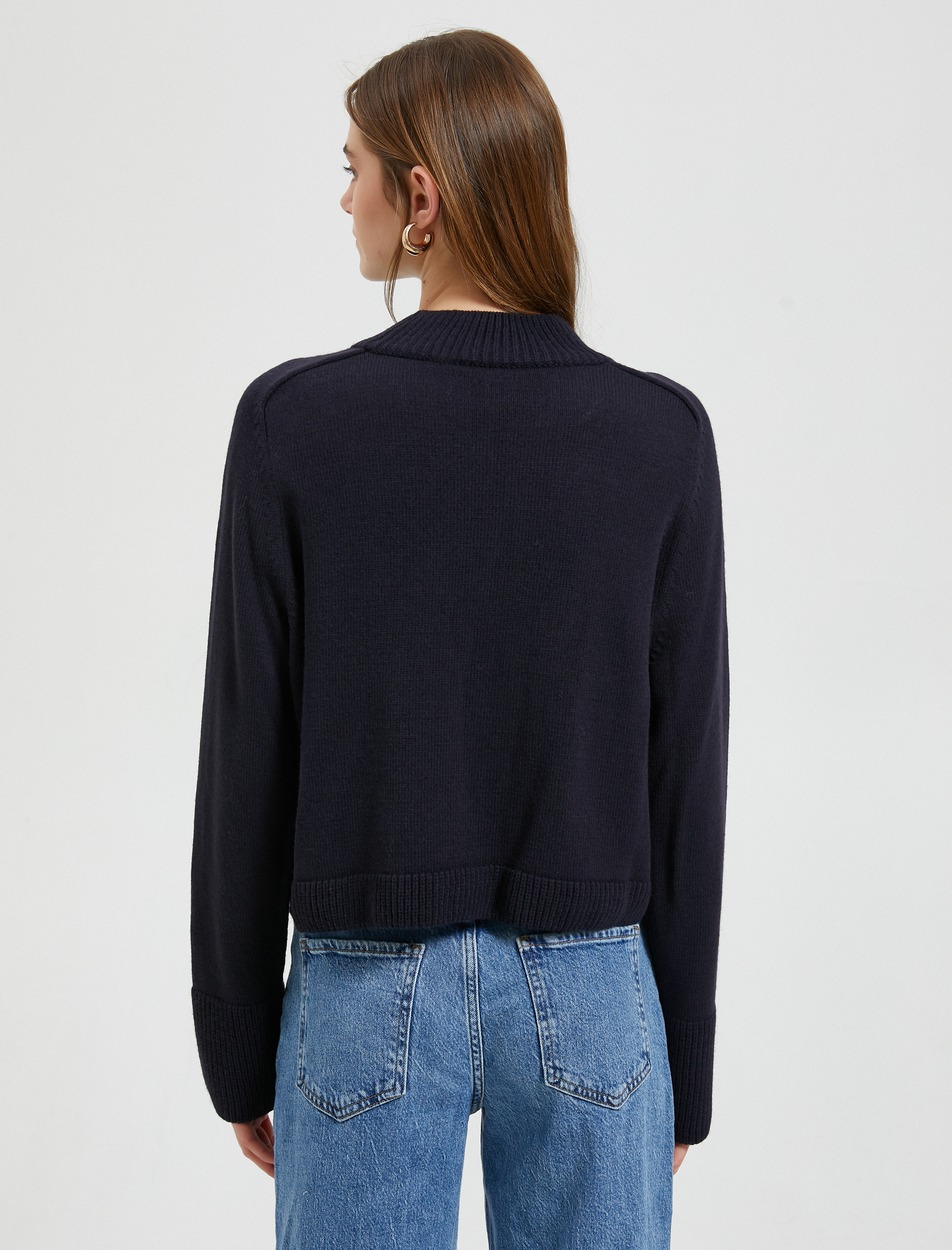   Crop Triko Kazak Dik Yaka Uzun Kollu Kaşmir Dokulu