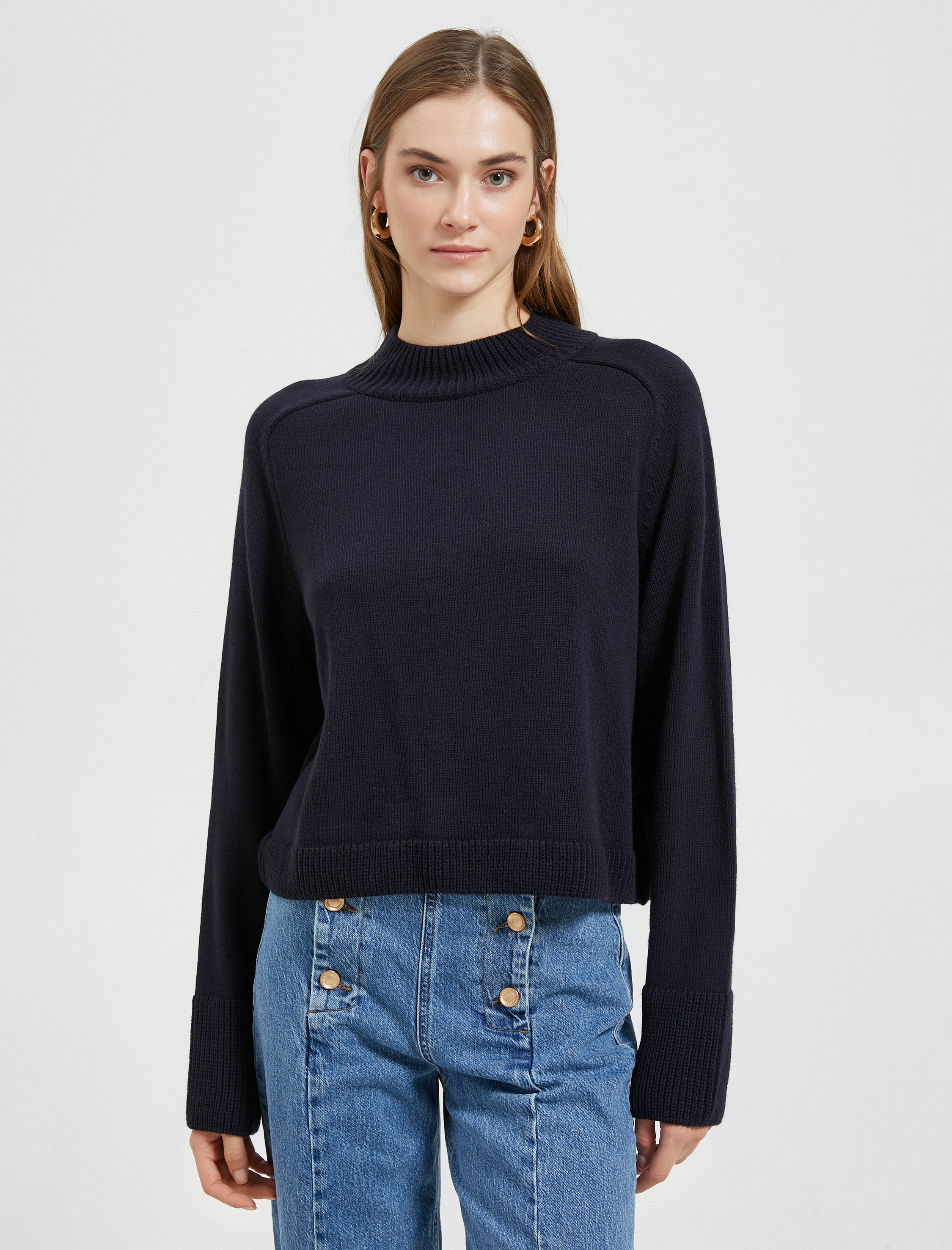   Crop Triko Kazak Dik Yaka Uzun Kollu Kaşmir Dokulu