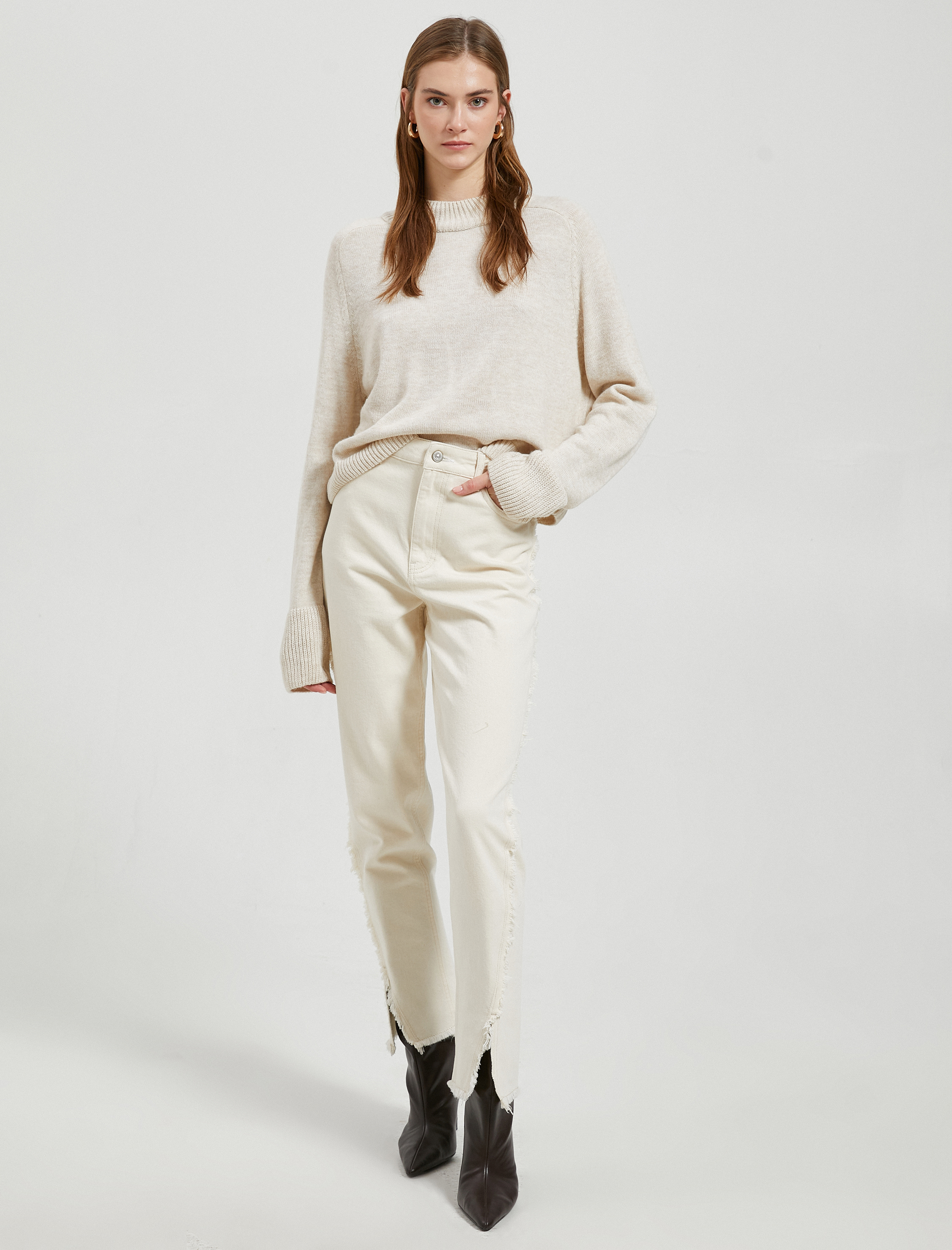   Crop Triko Kazak Dik Yaka Uzun Kollu Kaşmir Dokulu