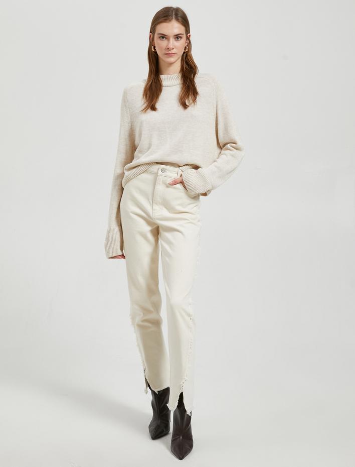  Crop Triko Kazak Dik Yaka Uzun Kollu Kaşmir Dokulu