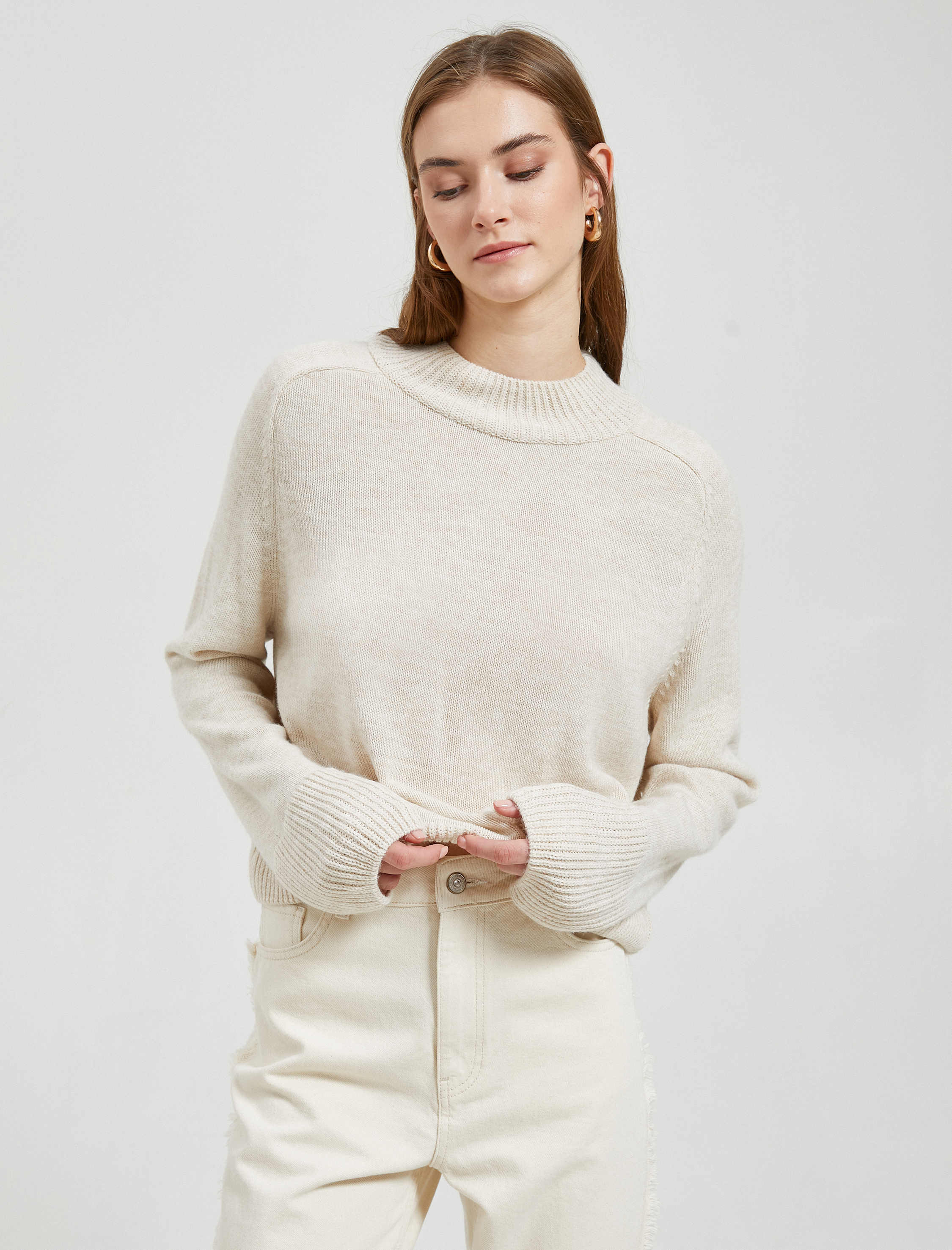   Crop Triko Kazak Dik Yaka Uzun Kollu Kaşmir Dokulu