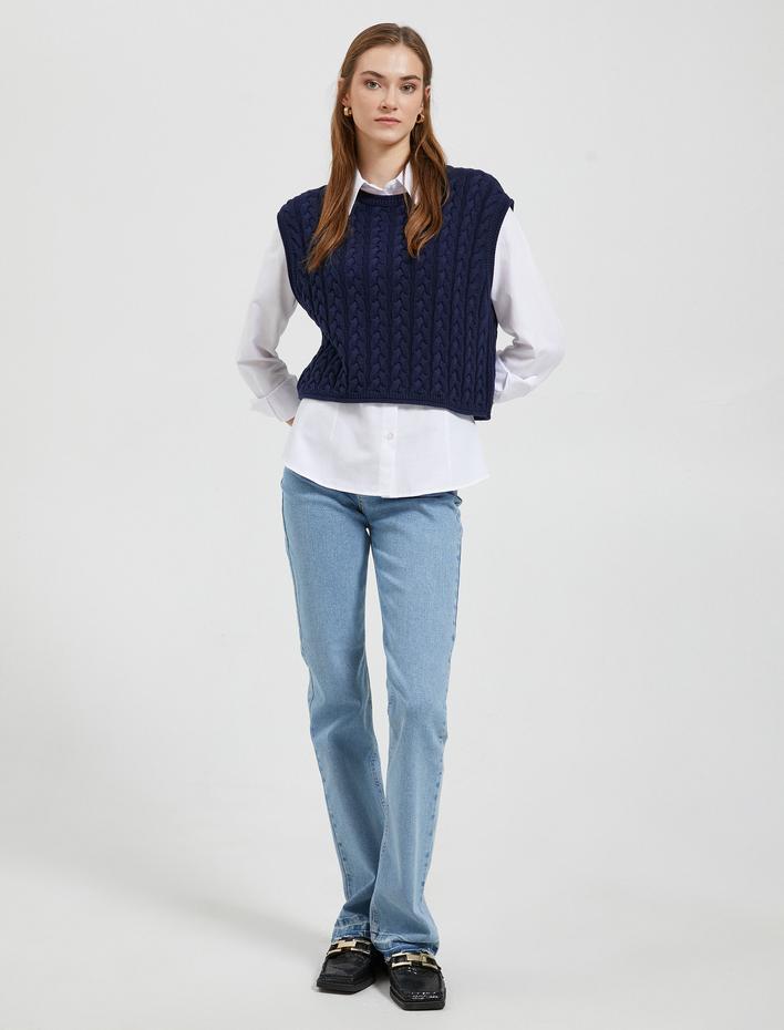  Crop Süveter Bisiklet Yaka Örgü Motifli