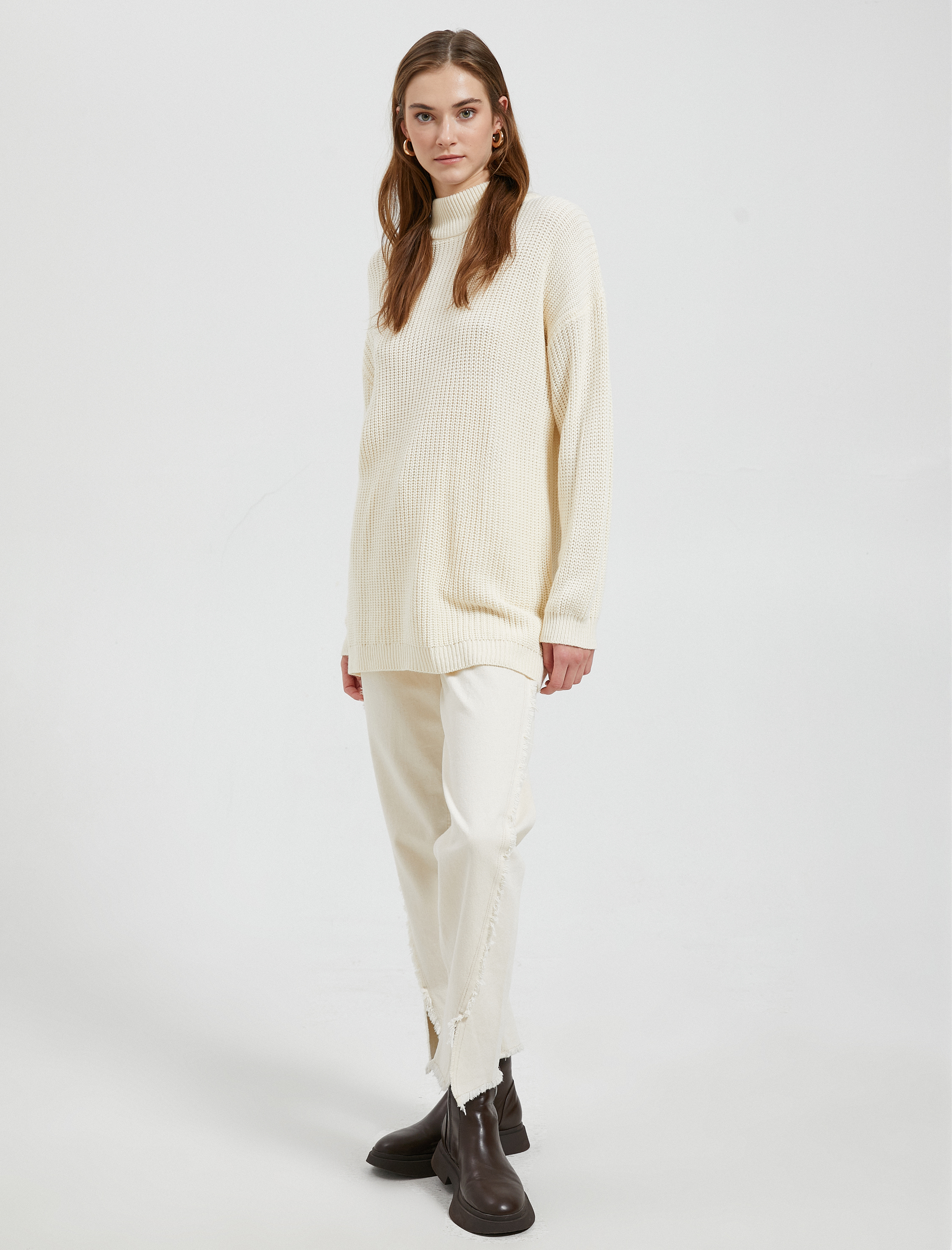   Oversize Yarım Balıkçı Yaka Kazak Akrilik Kaşmir Dokulu