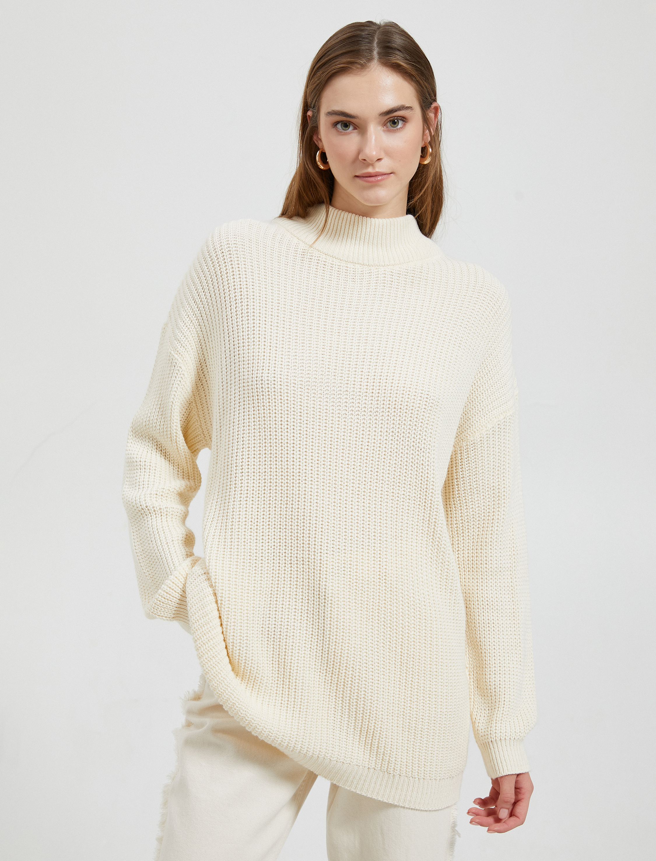   Oversize Yarım Balıkçı Yaka Kazak Akrilik Kaşmir Dokulu