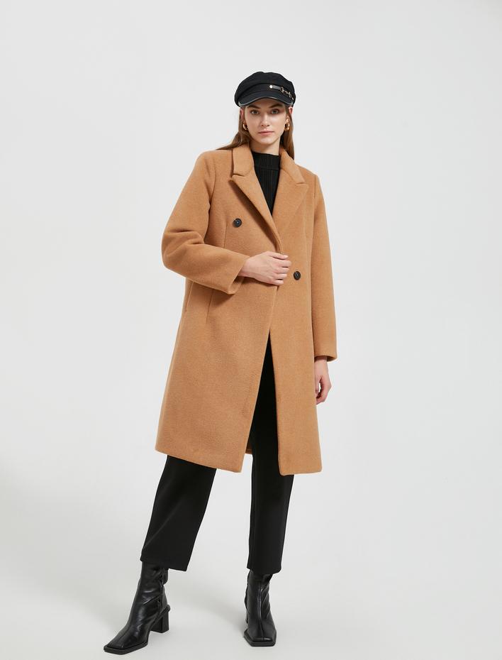  Uzun Kaşe Kaban Cep Detaylı Düğmeli Kruvaze Astarlı