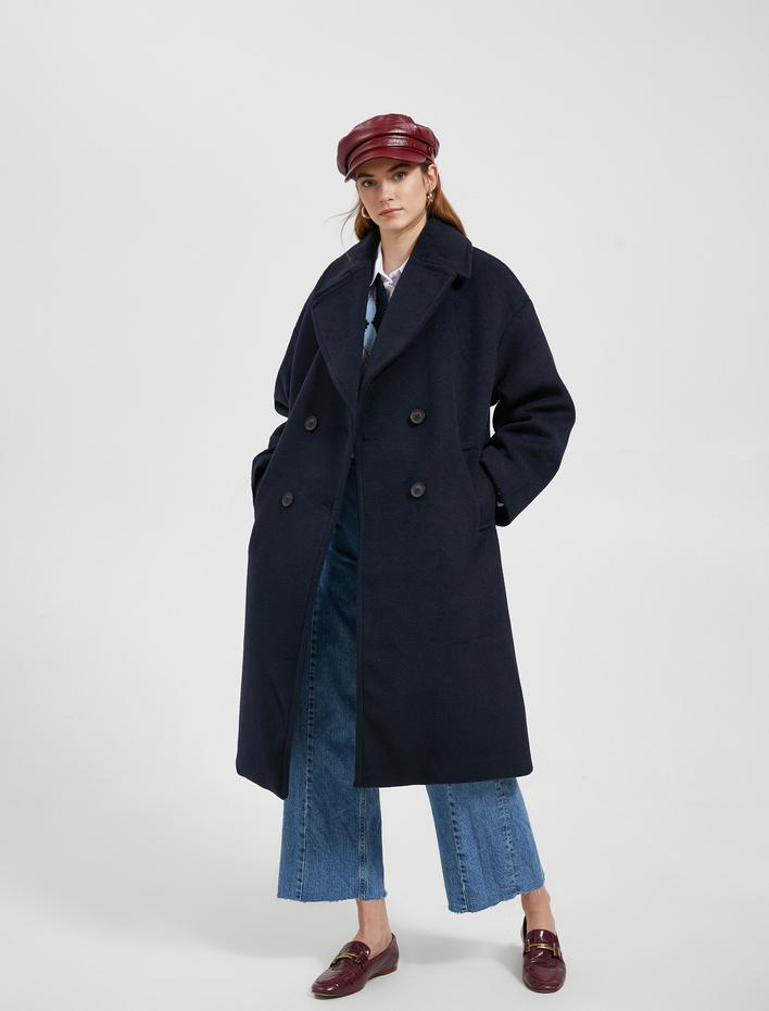  Kaşe Kaban Kruvaze Kapama Düğmeli Cep Detaylı