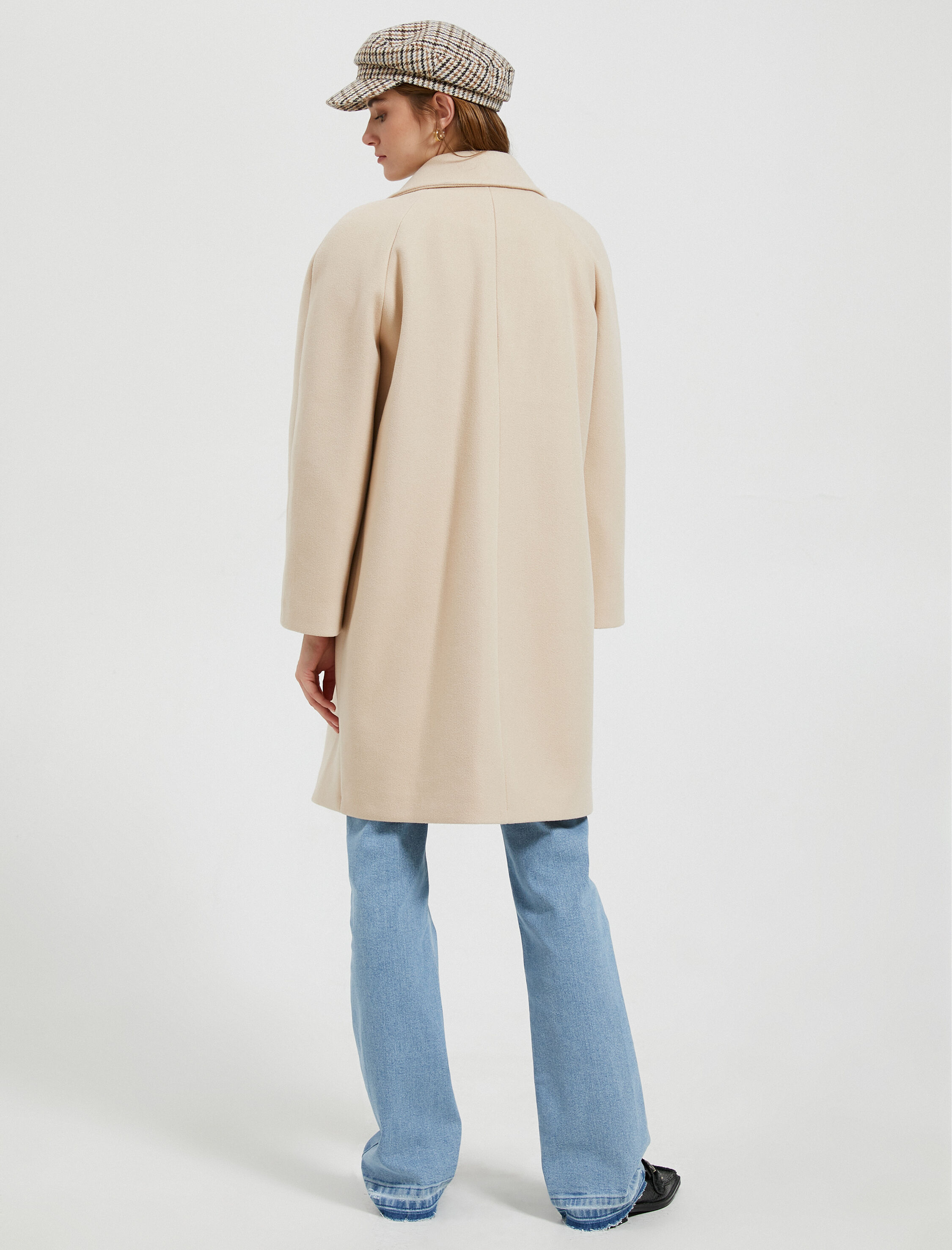   Uzun Kaşe Kaban Kruvaze Kapama Düğmeli Cep Detaylı