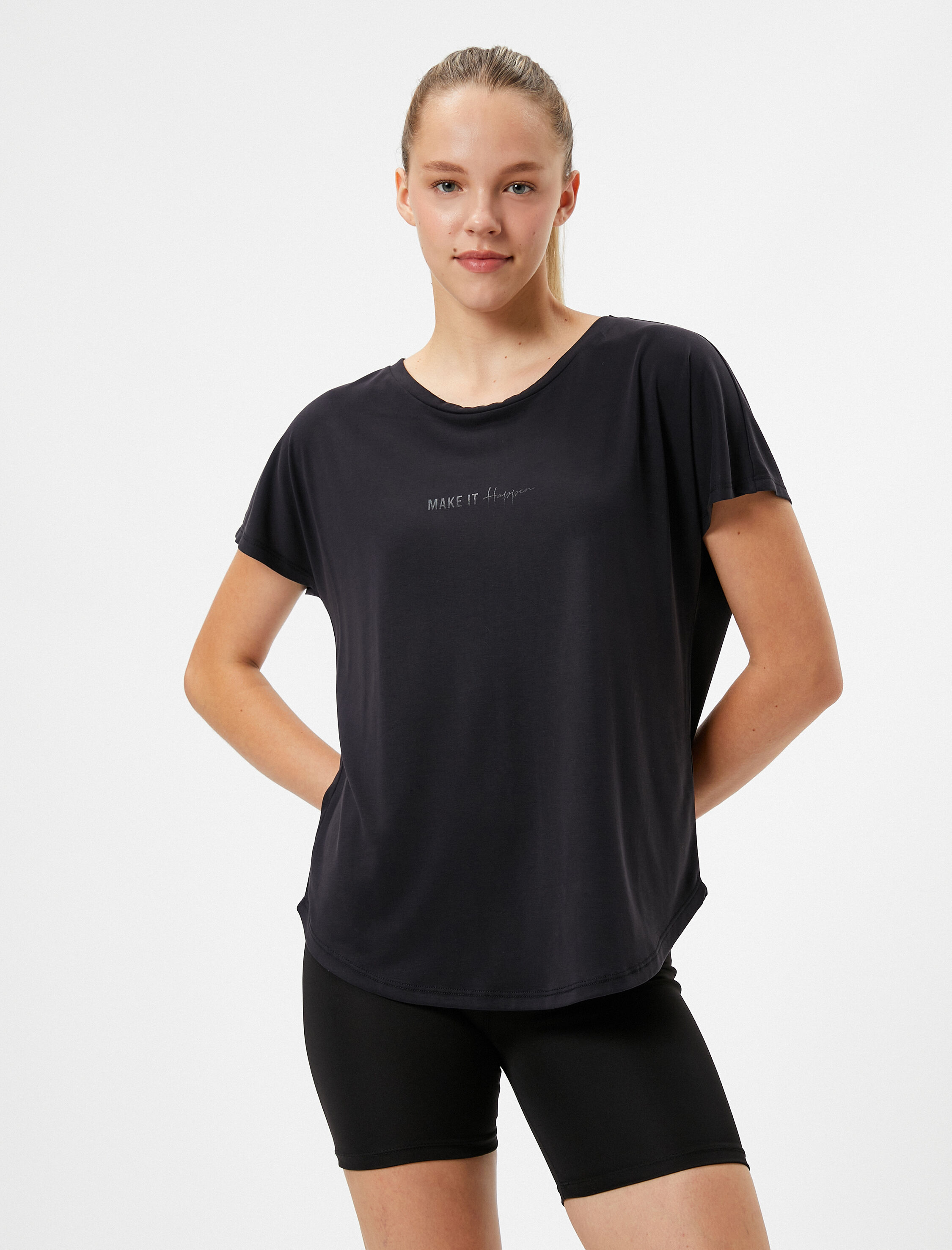   Spor Tişört Slogan Baskılı Kısa Kollu Bisiklet Yaka Modal Karışımlı