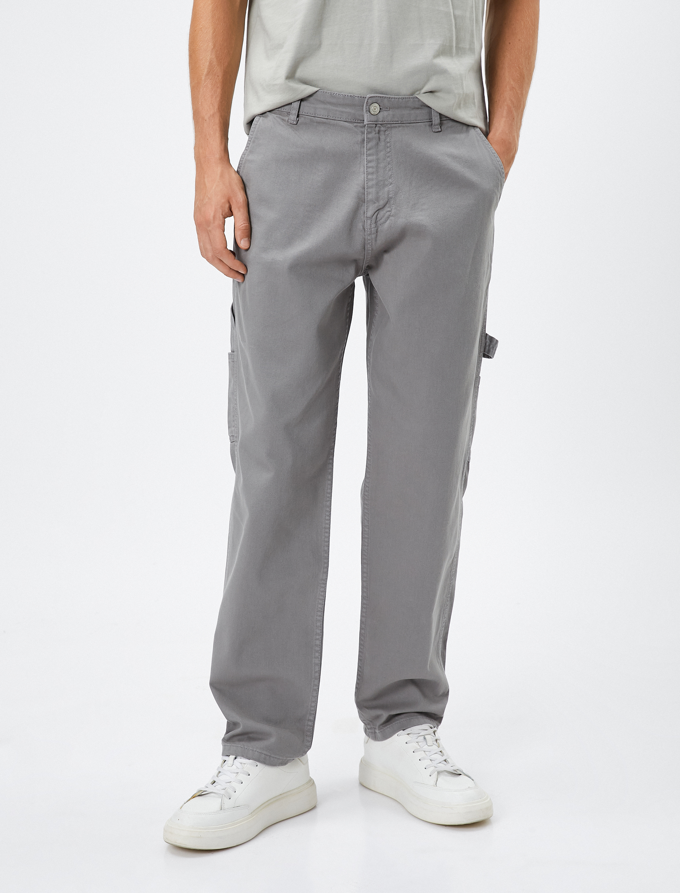   Canvas Pantolon Bol Kesim Cep Detaylı Düğmeli Pamuklu