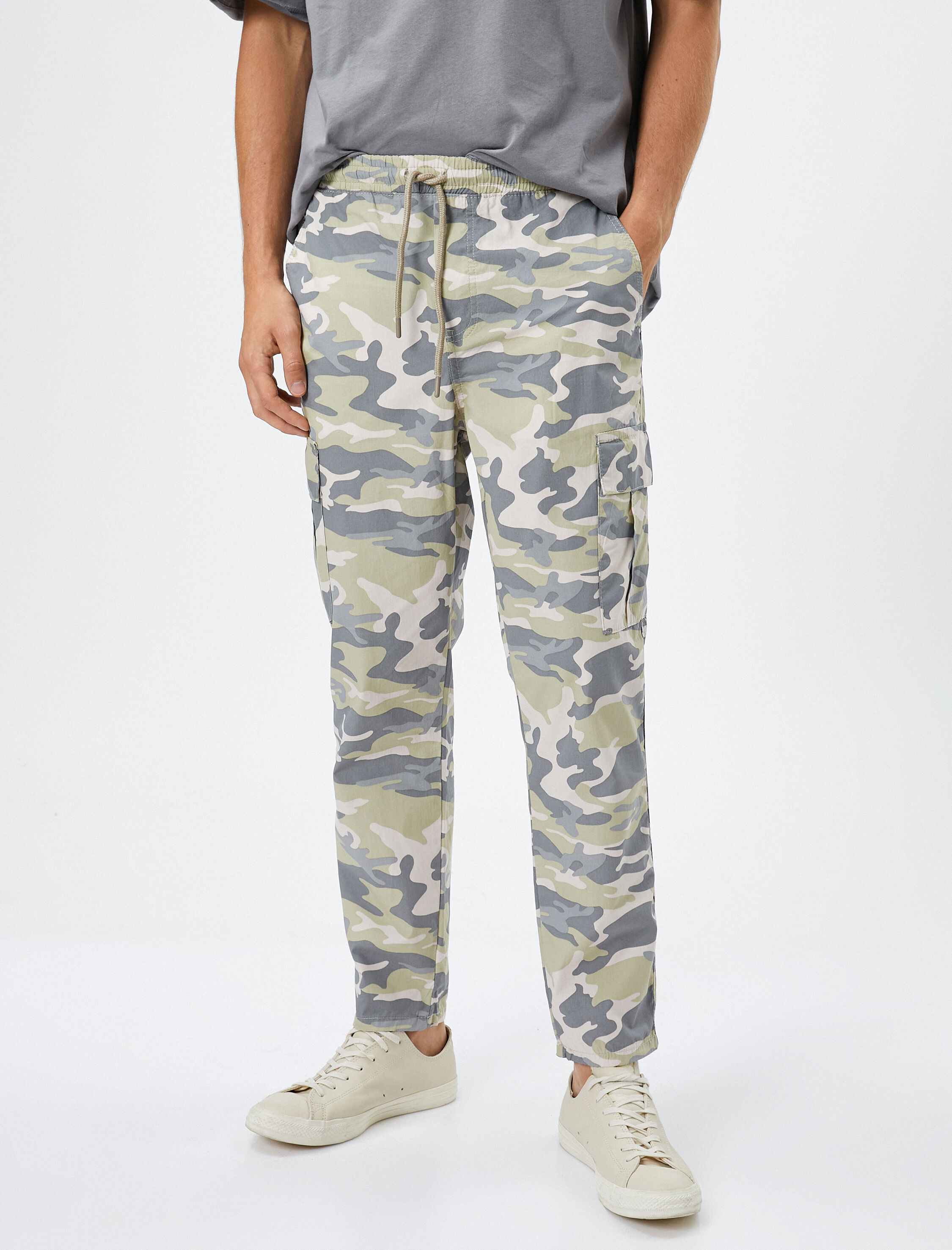   Kargo Cepli Pantolon Beli Bağcıklı Kamuflaj Detaylı Pamuklu