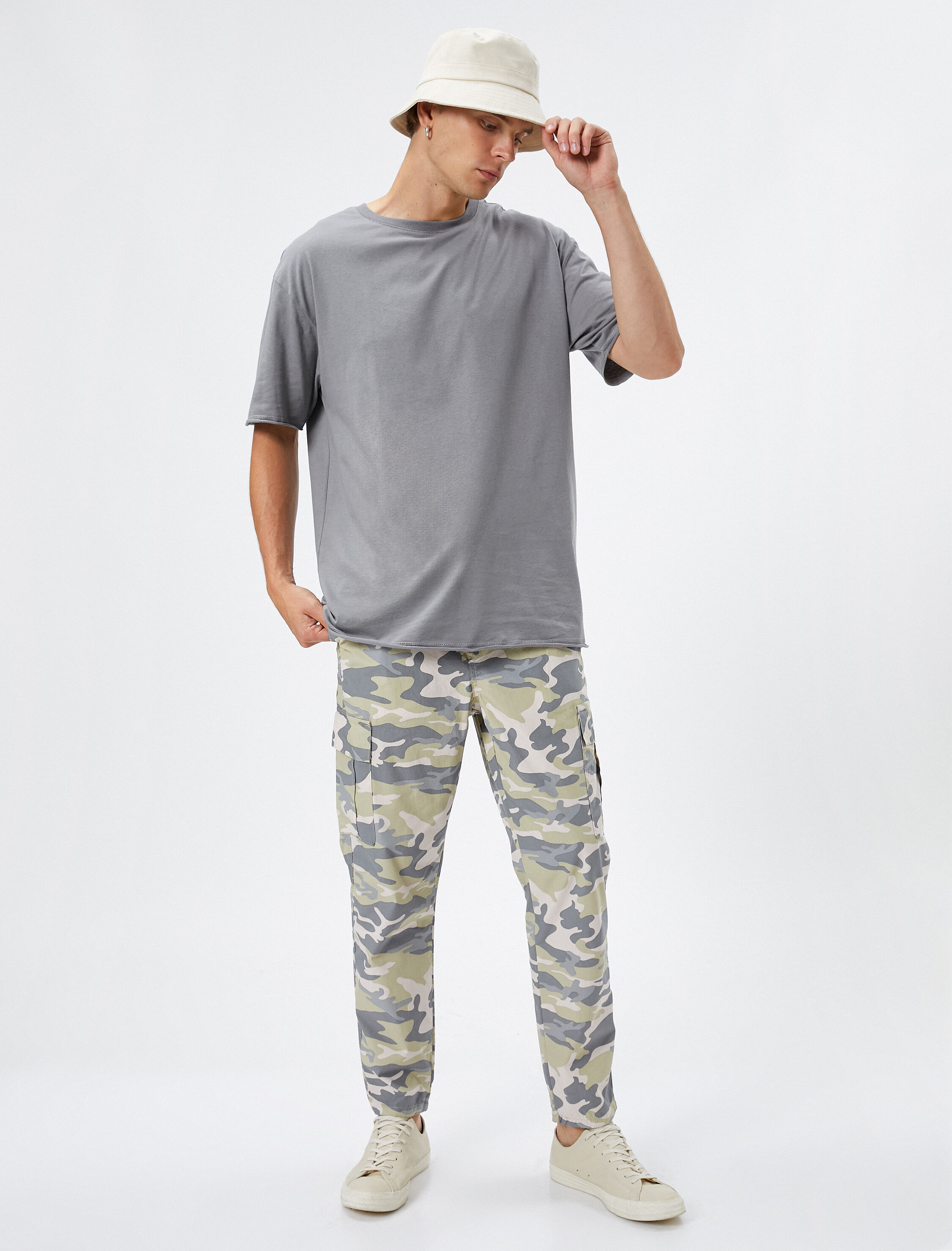   Kargo Cepli Pantolon Beli Bağcıklı Kamuflaj Detaylı Pamuklu