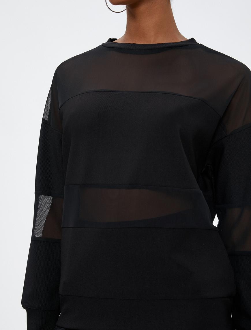   Bisiklet Yaka Sweatshirt Transparan Detaylı Uzun Kollu