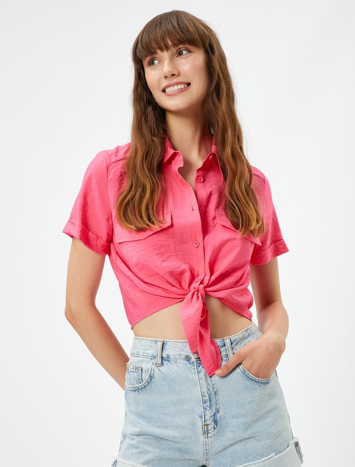  Önden Bağlamalı Gömlek Kısa Kollu Cepli Viskon Karışımlı