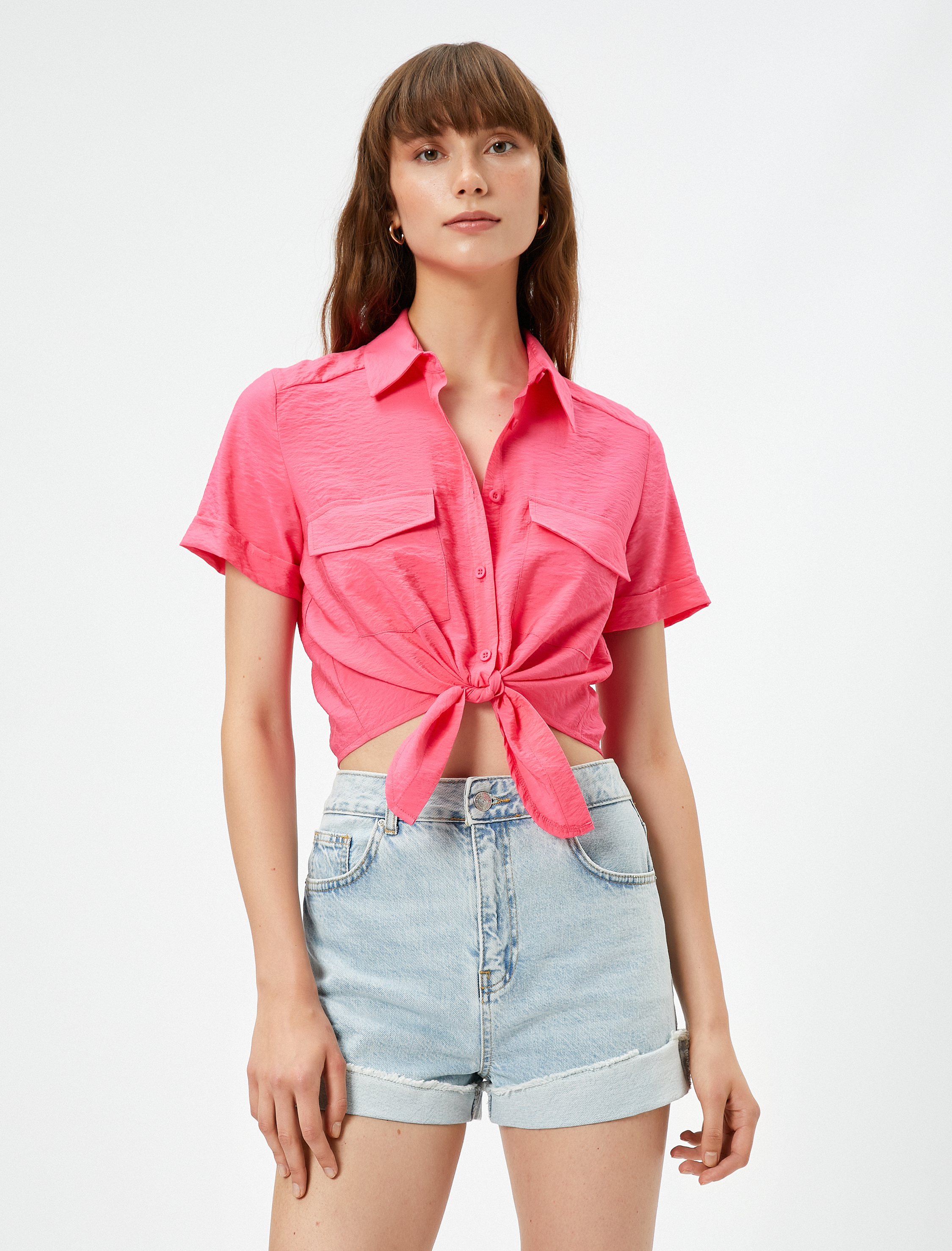   Önden Bağlamalı Gömlek Kısa Kollu Cepli Viskon Karışımlı