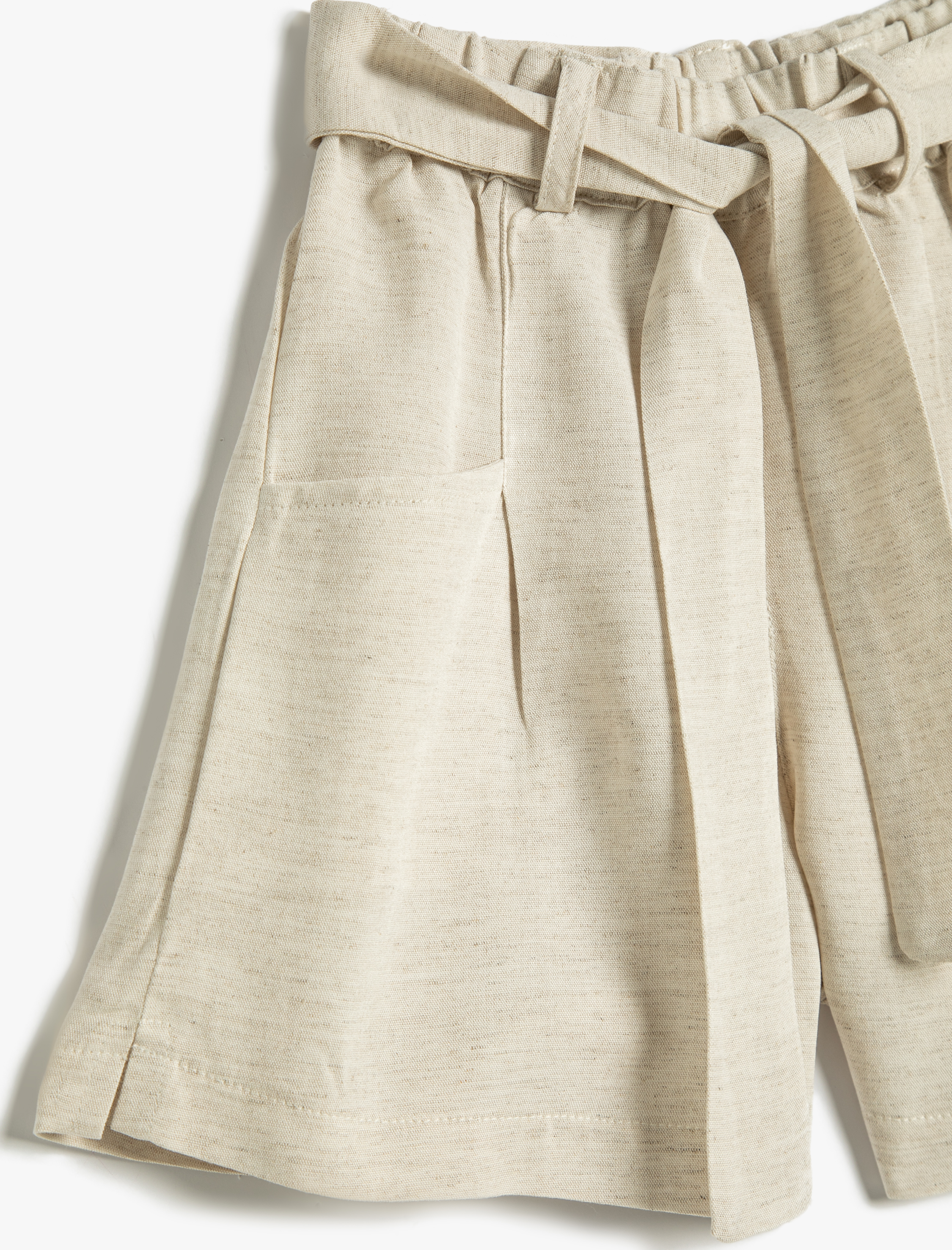  Kız Çocuk Keten Karışımlı Şort Beli Lastikli Kemer Detaylı Cepli