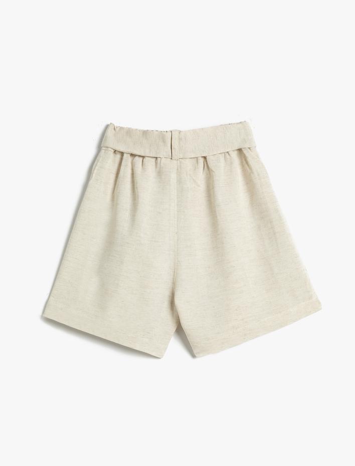Kız Çocuk Keten Karışımlı Şort Beli Lastikli Kemer Detaylı Cepli