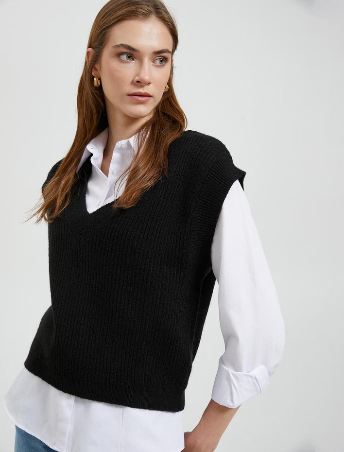  V Yaka Süveter Örgü Ribanalı