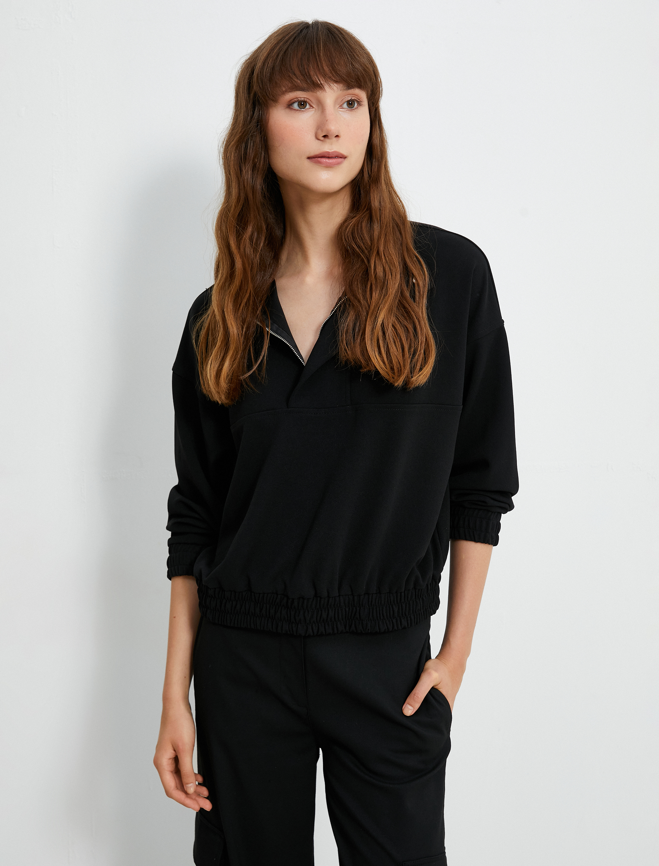   Yarım Fermuarlı Sweatshirt Ribanalı Uzun Kollu Çıtçıt Düğmeli