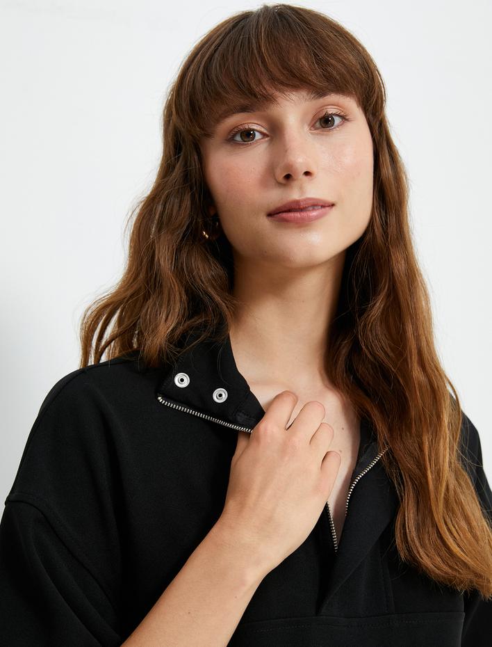  Yarım Fermuarlı Sweatshirt Ribanalı Uzun Kollu Çıtçıt Düğmeli