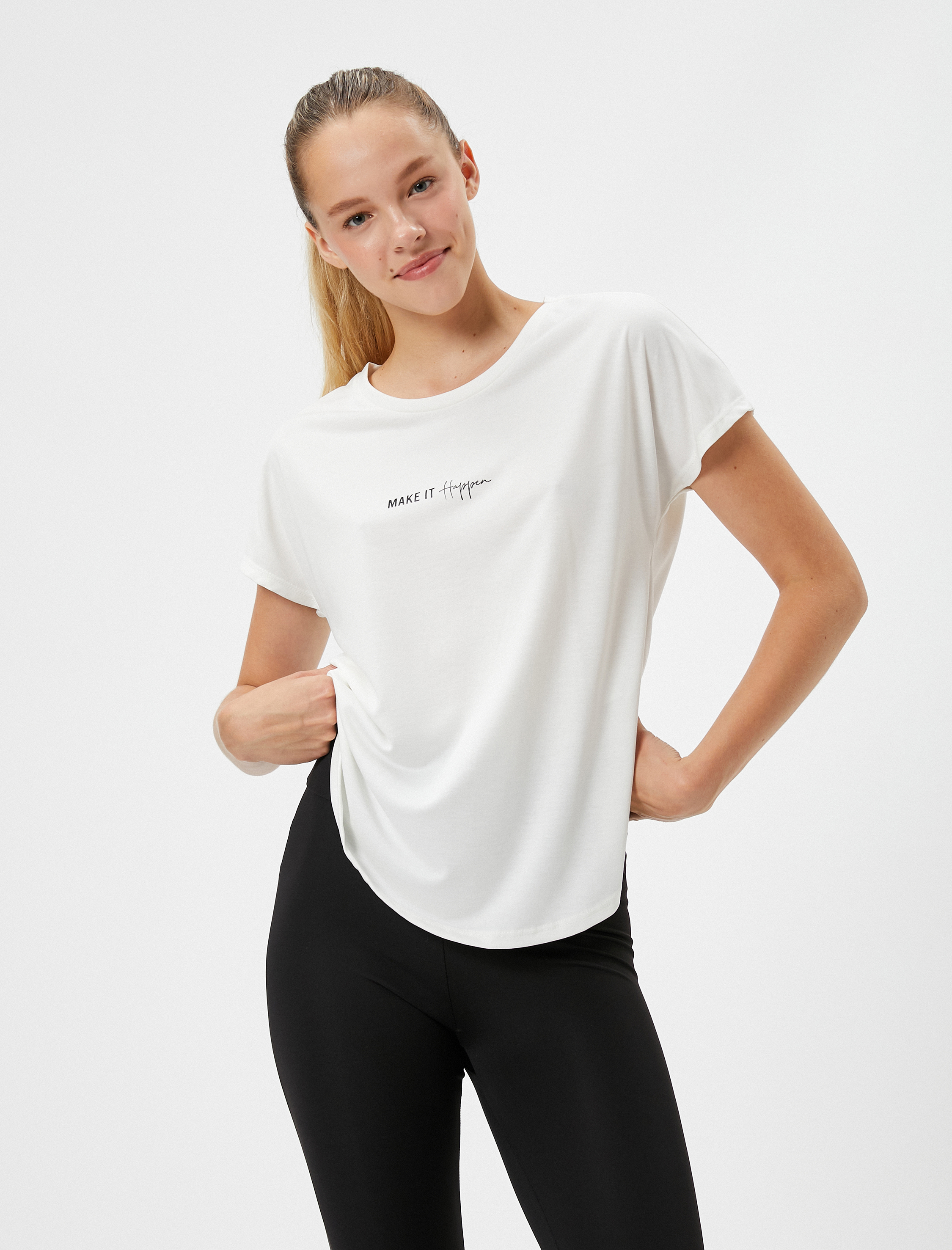   Spor Tişört Slogan Baskılı Kısa Kollu Bisiklet Yaka Modal Karışımlı