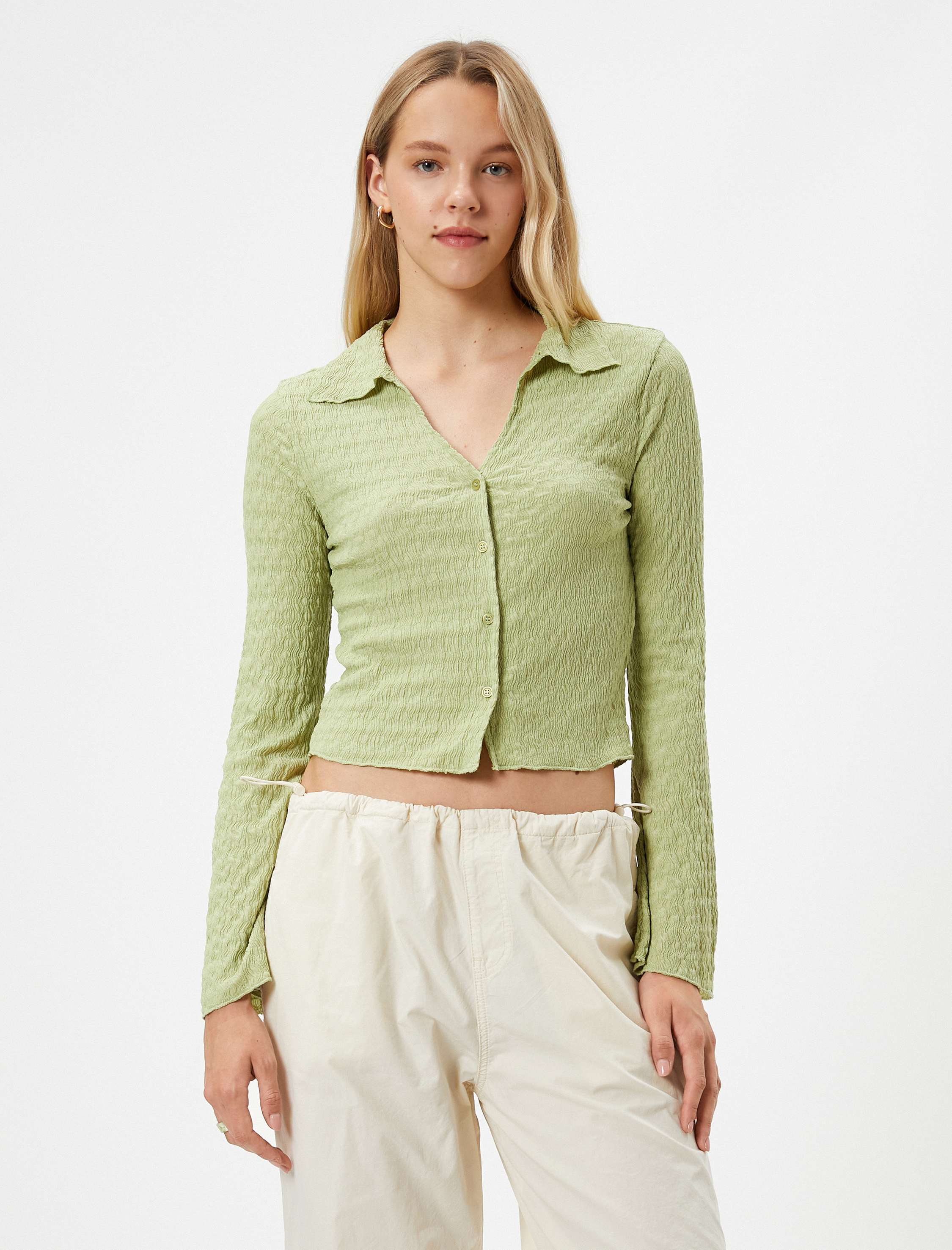   Uzun Kollu Tişört Gömlek Yaka Düğmeli Bürümcük