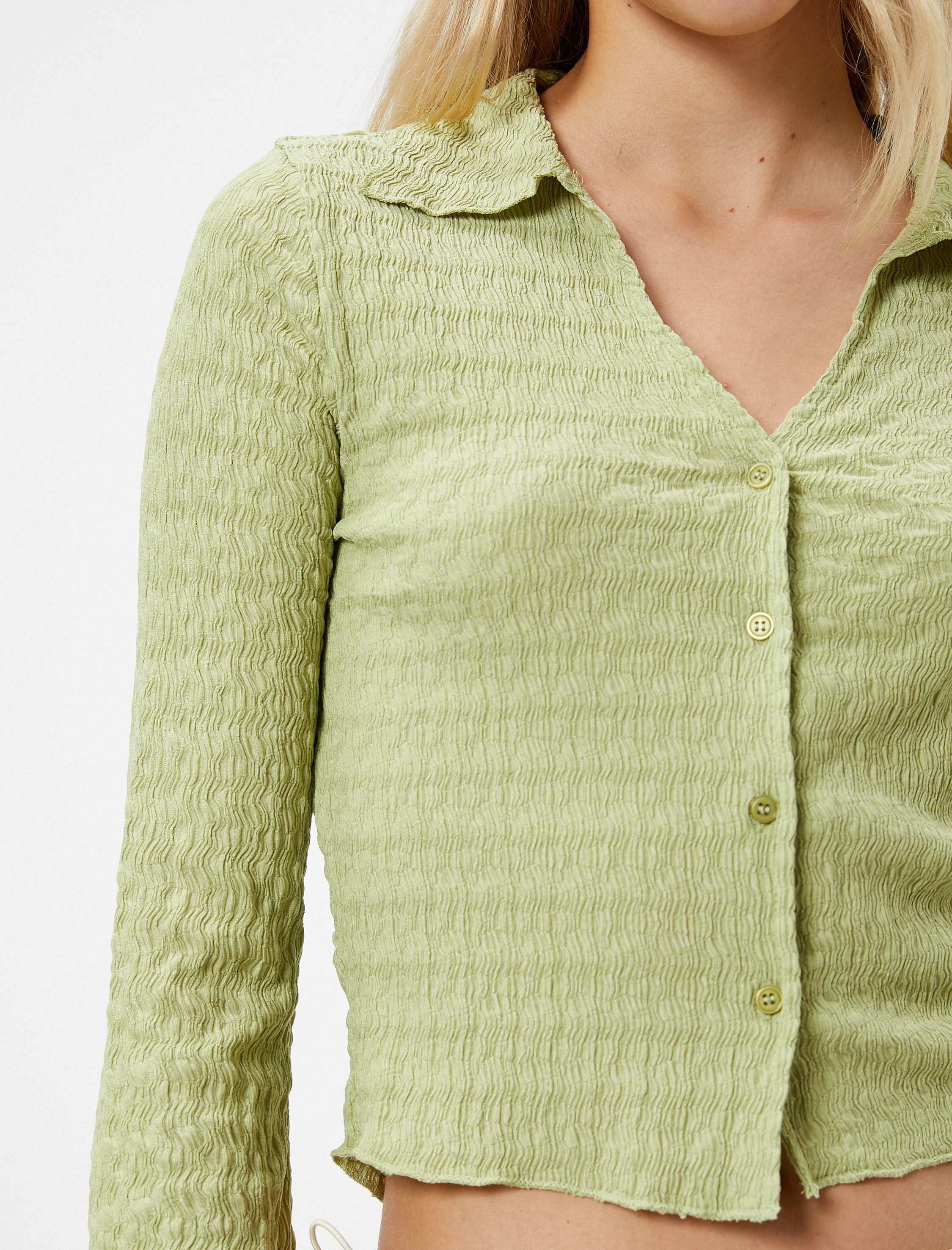   Uzun Kollu Tişört Gömlek Yaka Düğmeli Bürümcük